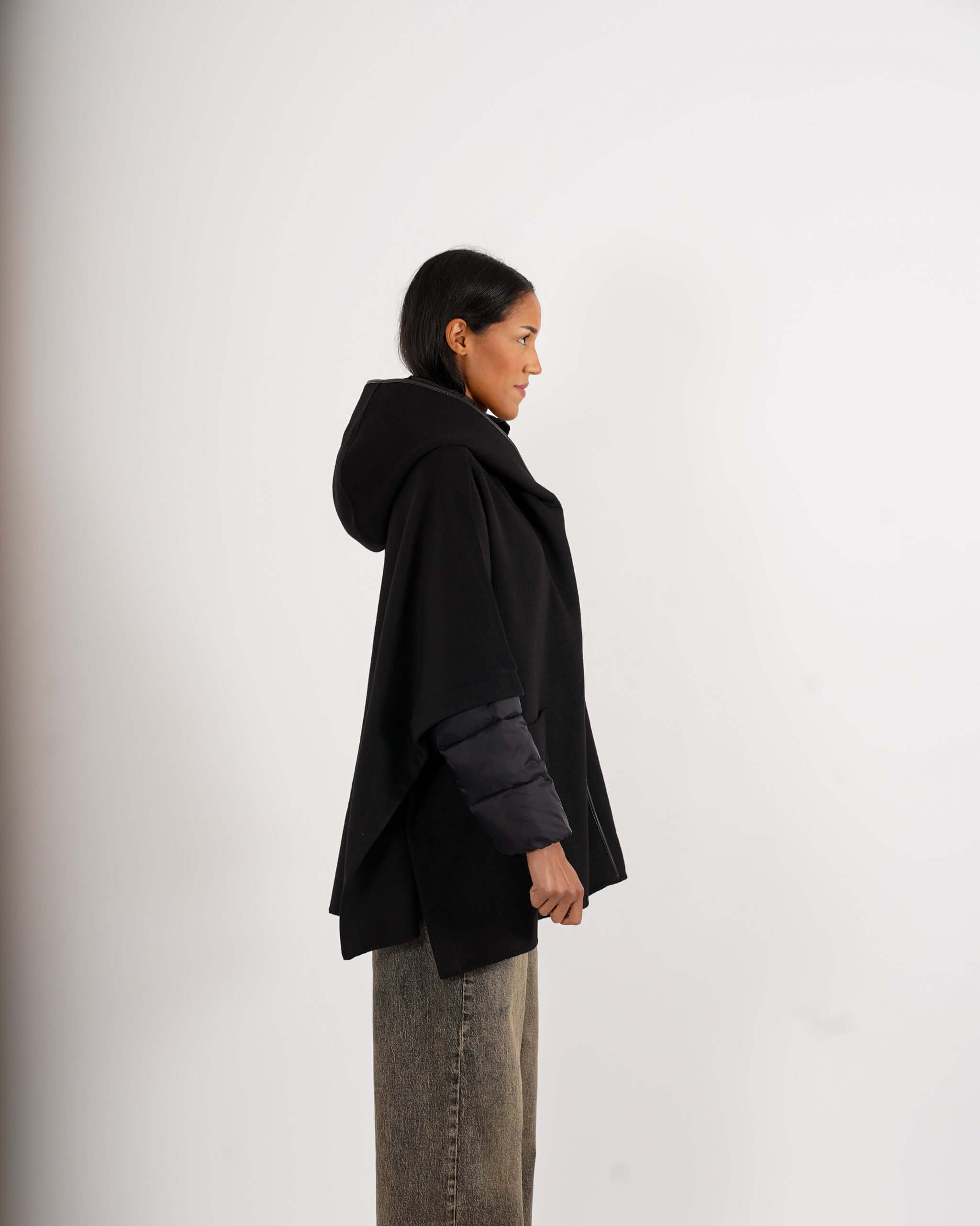 Cappa in mano lana con polsini e cappuccio in trapuntina removibile - Eufemia - Hope Fashion