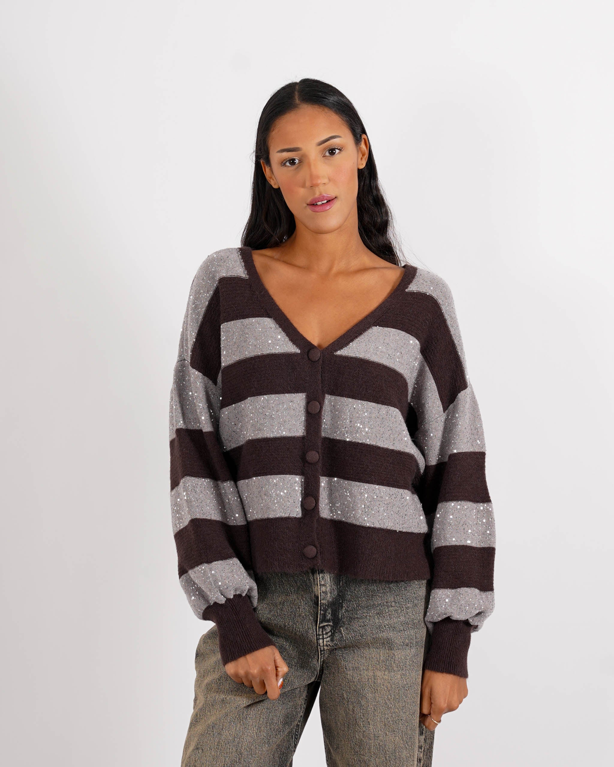 Cardigan in maglia con micro paillettes e bottoni rivestiti - Cicala