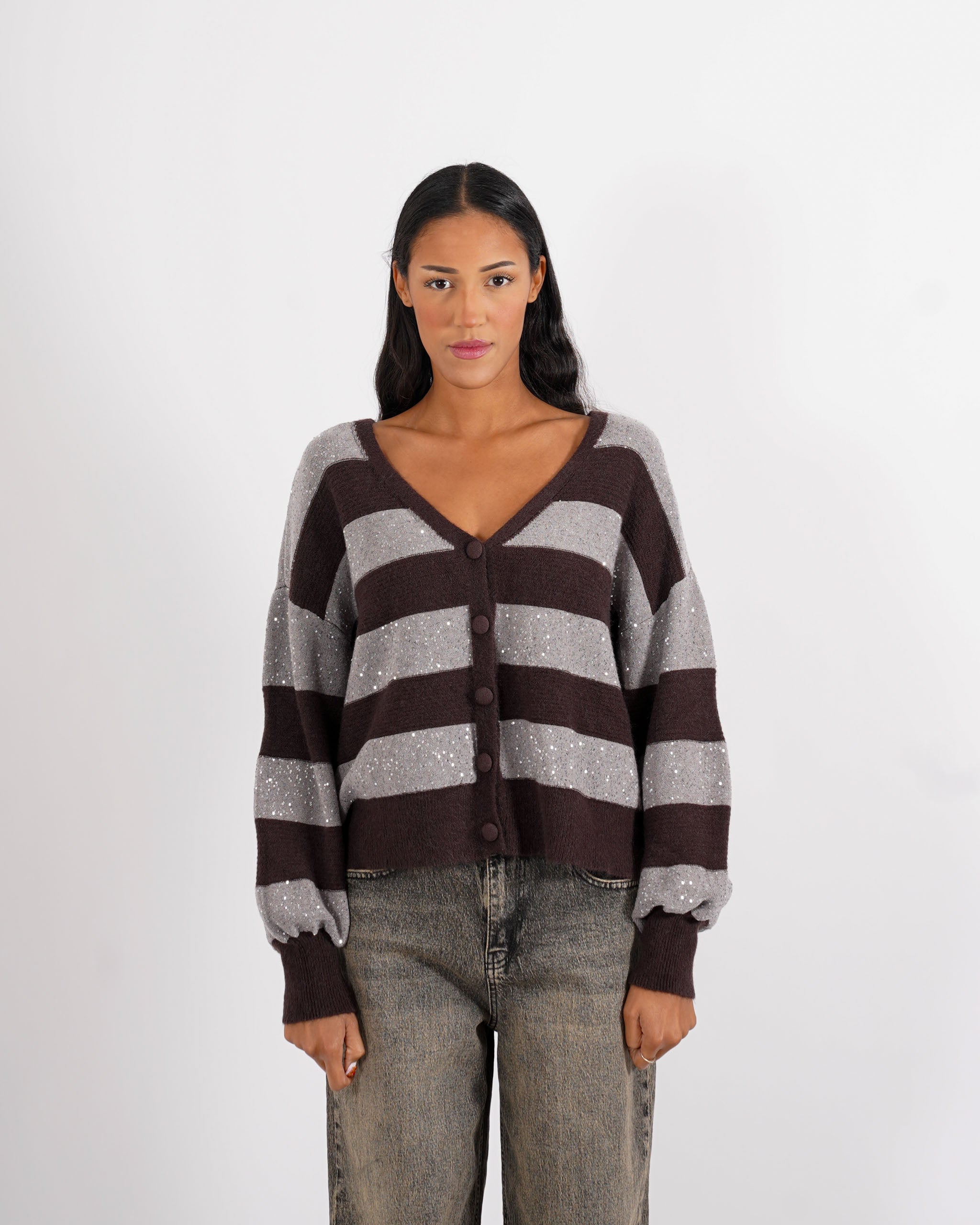 Cardigan in maglia con micro paillettes e bottoni rivestiti - Cicala