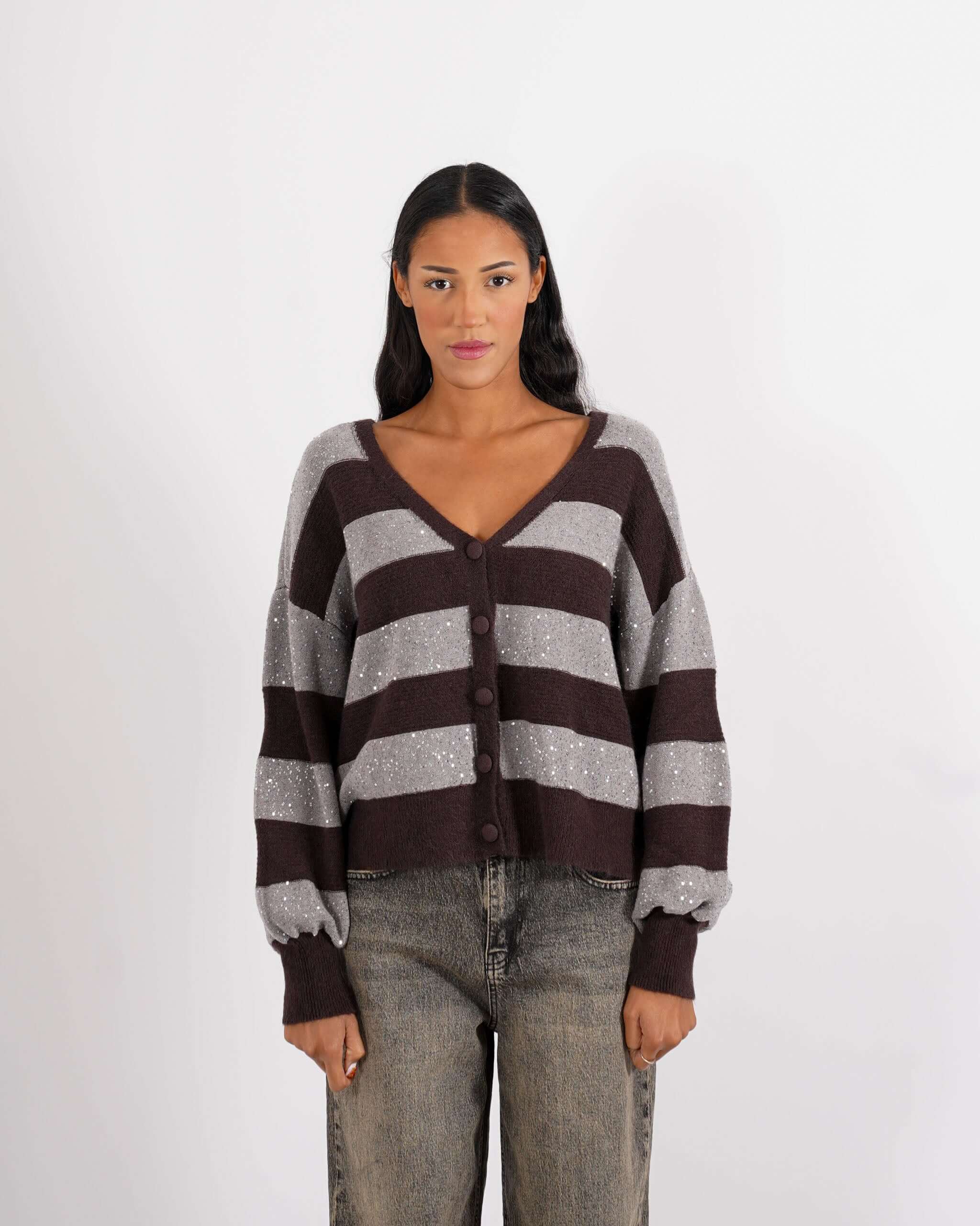 Cardigan in maglia con micro paillettes e bottoni rivestiti - Cicala - Hope Fashion