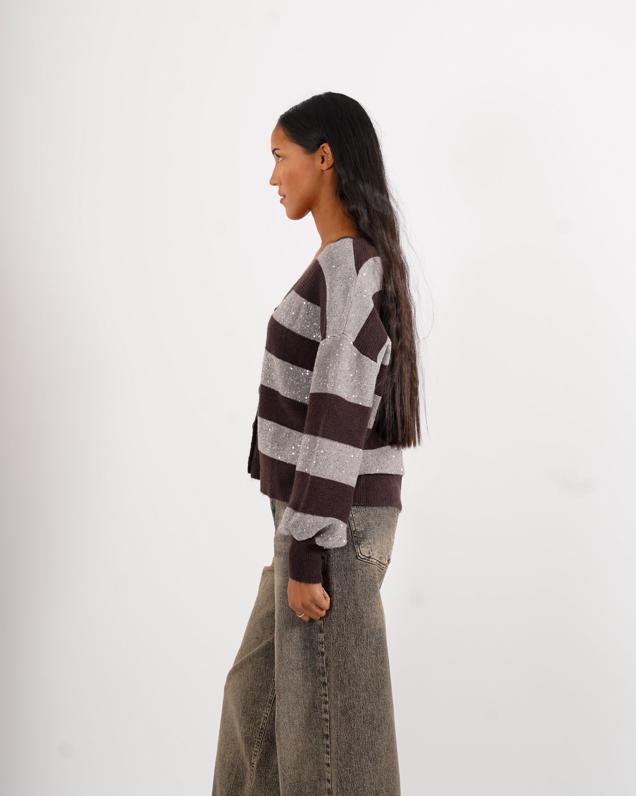 Cardigan in maglia con micro paillettes e bottoni rivestiti - Cicala