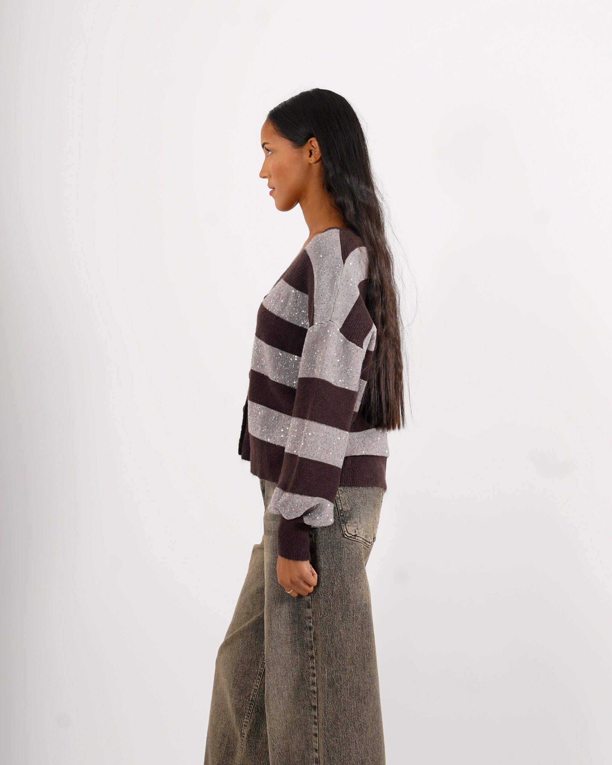 Cardigan in maglia con micro paillettes e bottoni rivestiti - Cicala - Hope Fashion