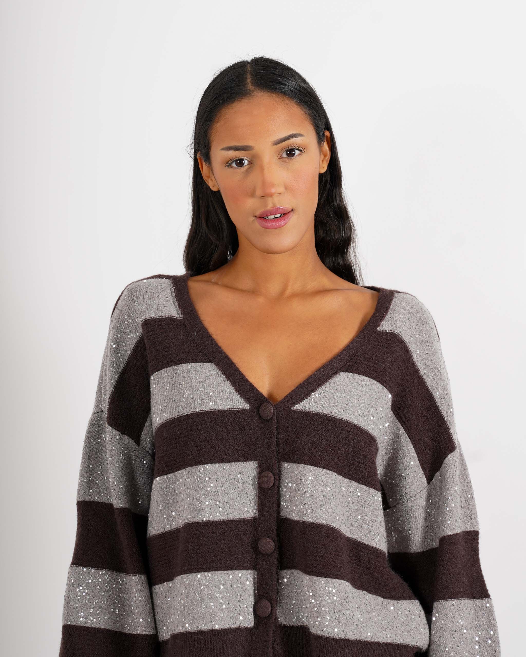 Cardigan in maglia con micro paillettes e bottoni rivestiti - Cicala