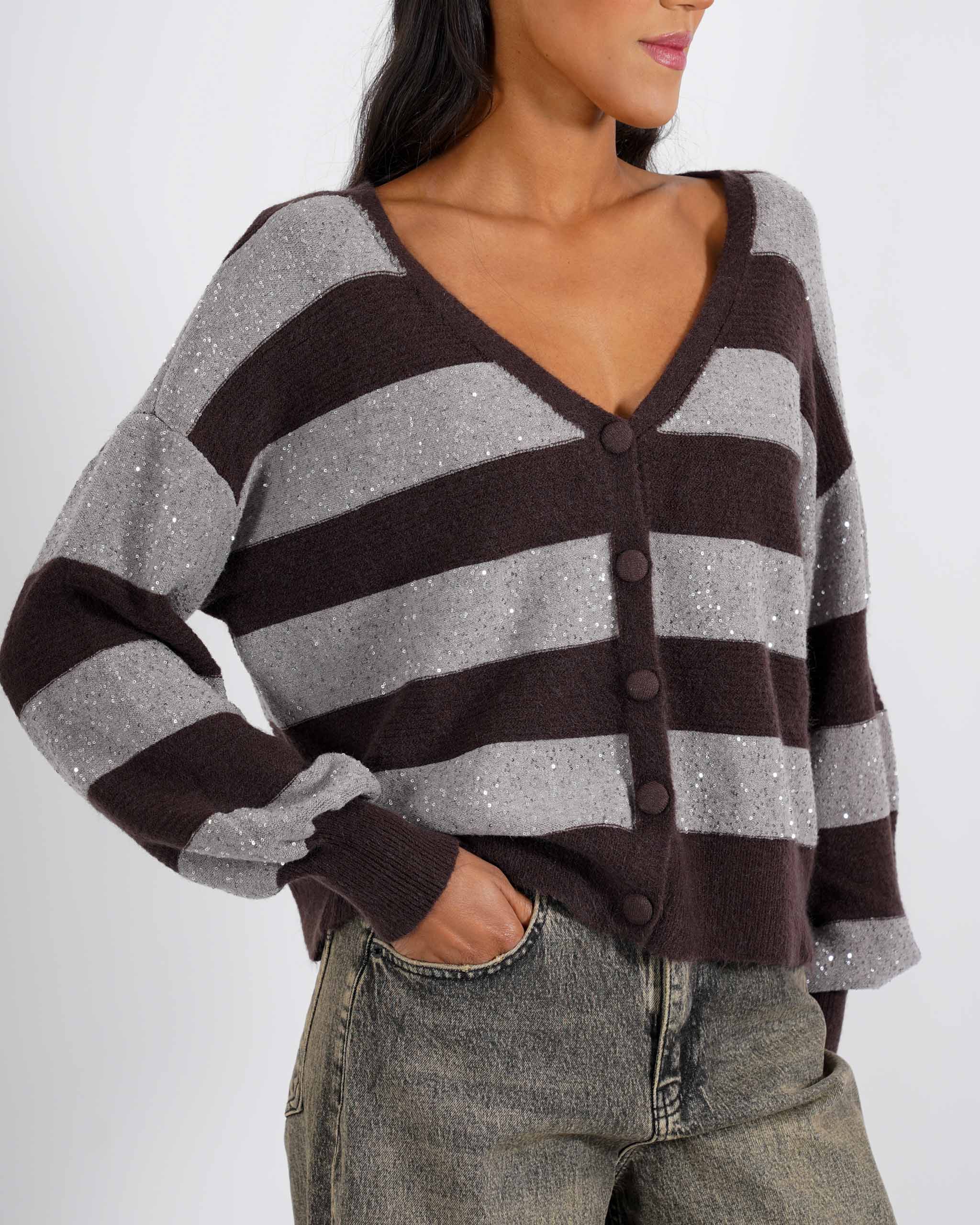 Cardigan in maglia con micro paillettes e bottoni rivestiti - Cicala