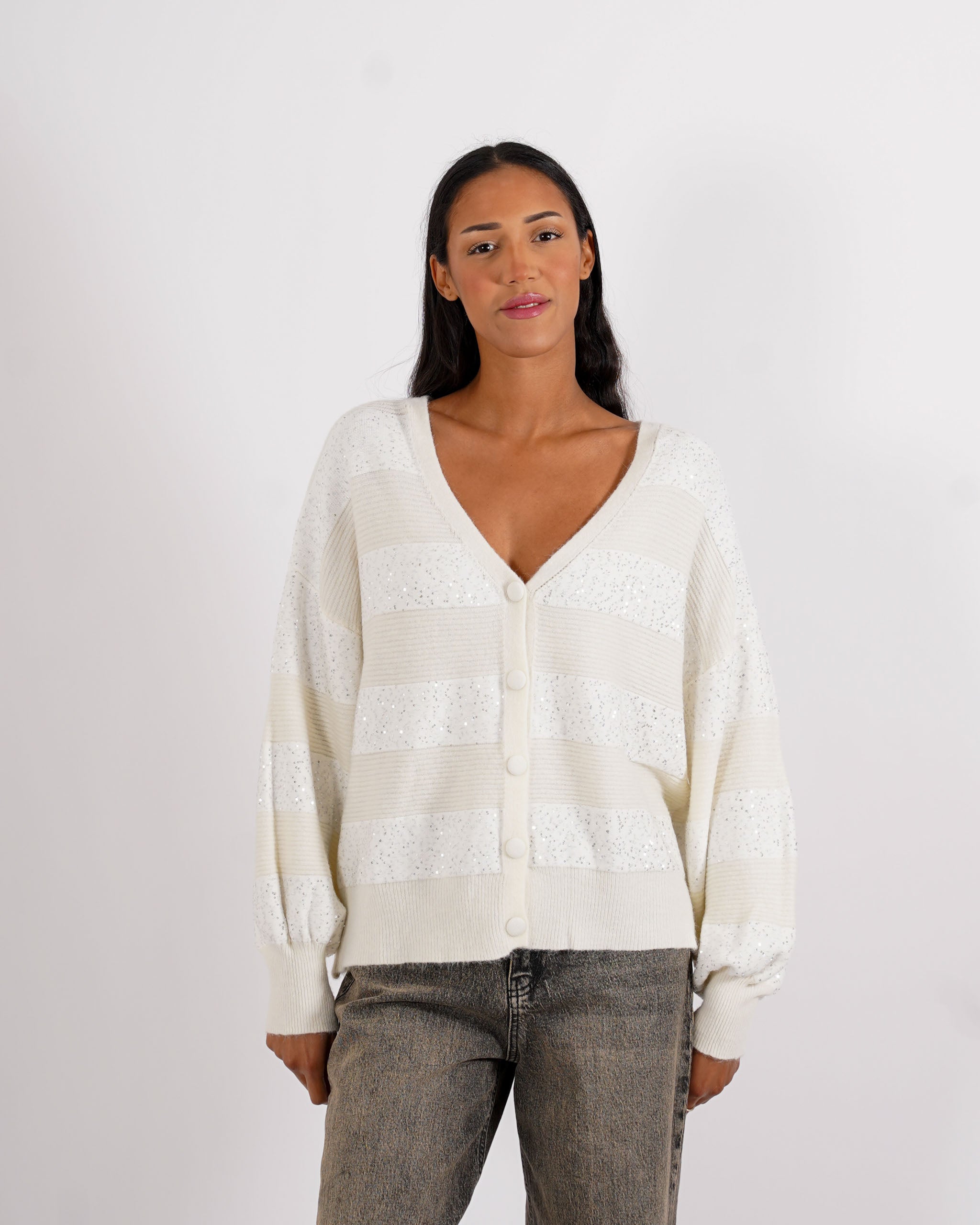 Cardigan in maglia con micro paillettes e bottoni rivestiti - Cicala