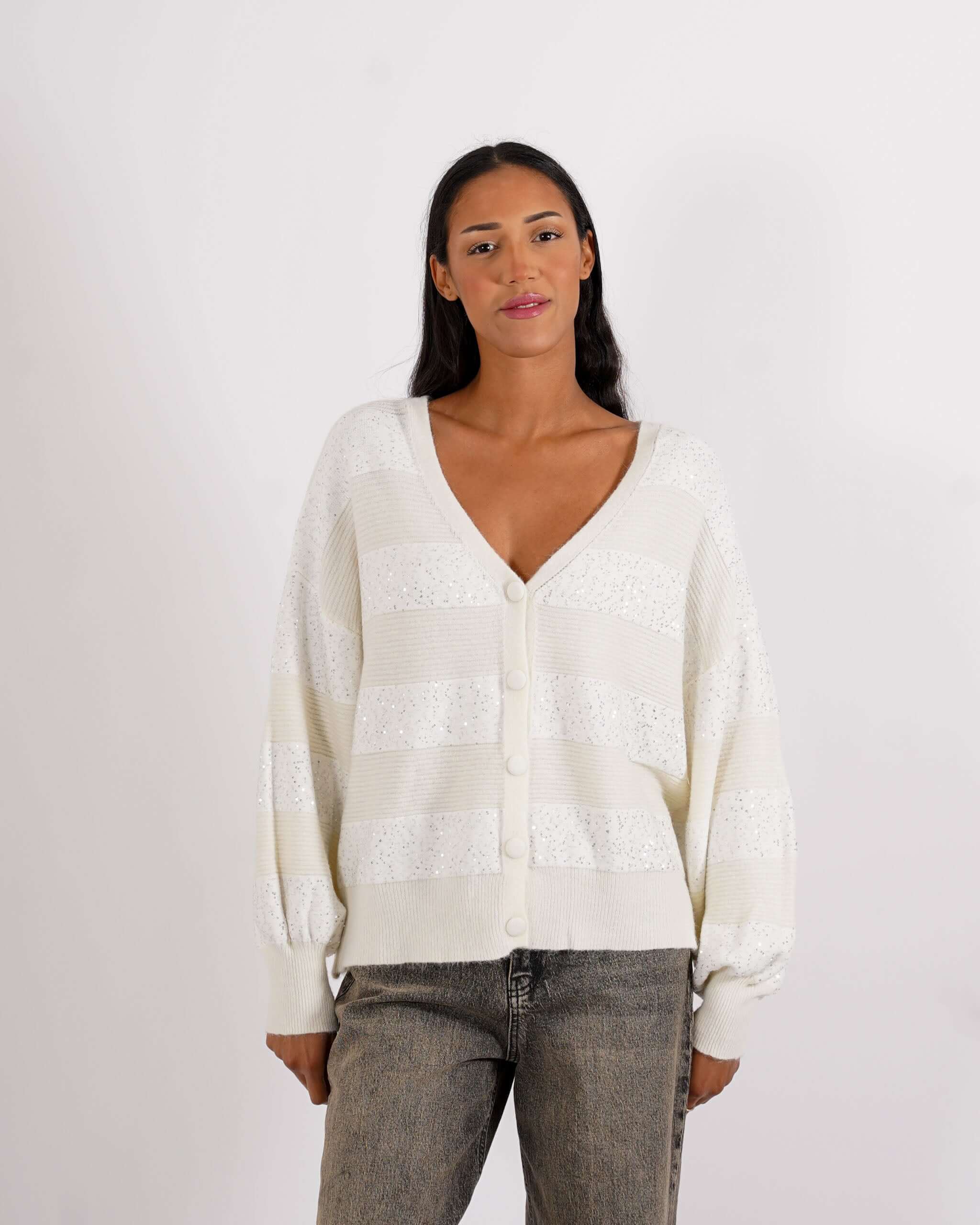 Cardigan in maglia con micro paillettes e bottoni rivestiti - Cicala - Hope Fashion