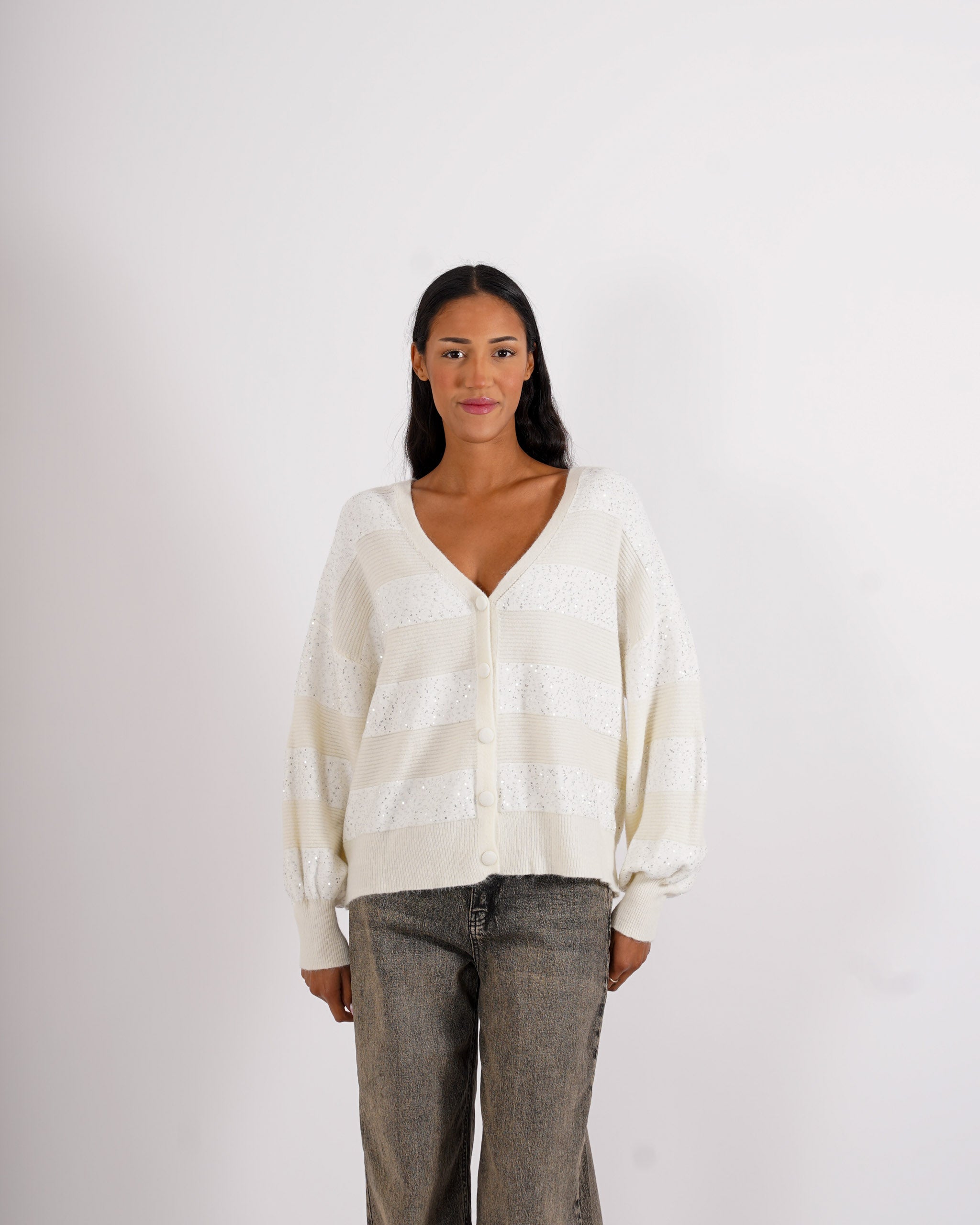 Cardigan in maglia con micro paillettes e bottoni rivestiti - Cicala