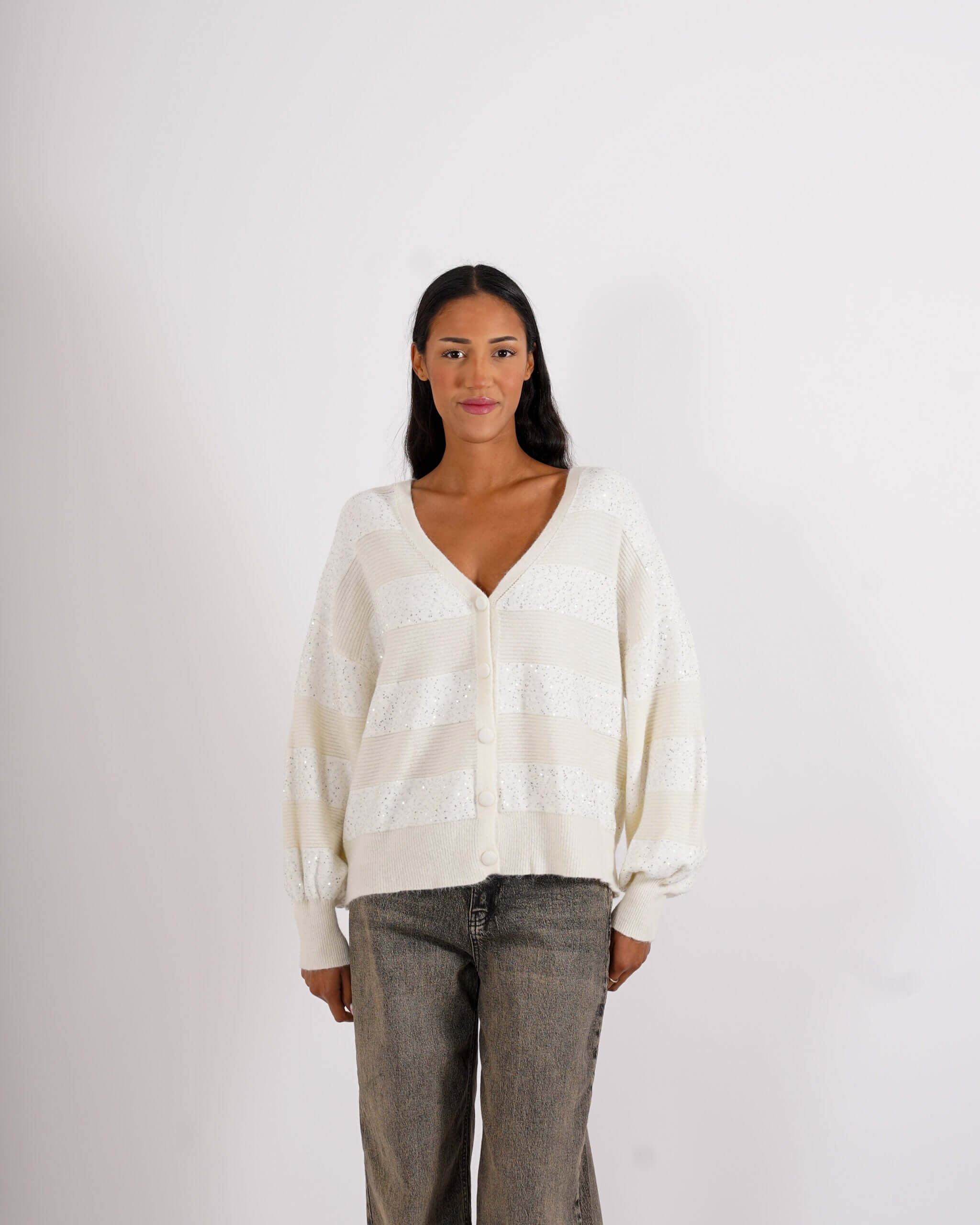 Cardigan in maglia con micro paillettes e bottoni rivestiti - Cicala - Hope Fashion