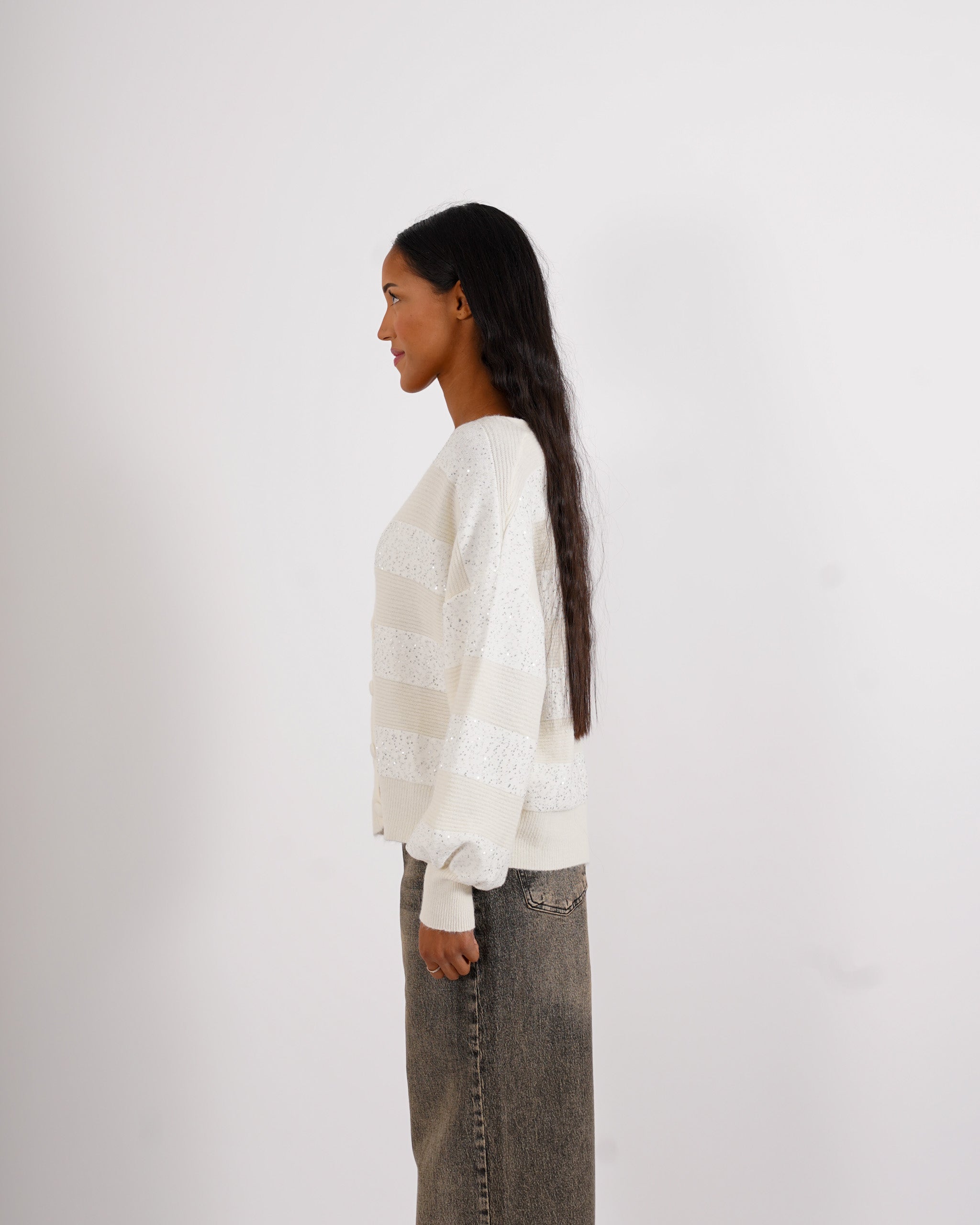 Cardigan in maglia con micro paillettes e bottoni rivestiti - Cicala