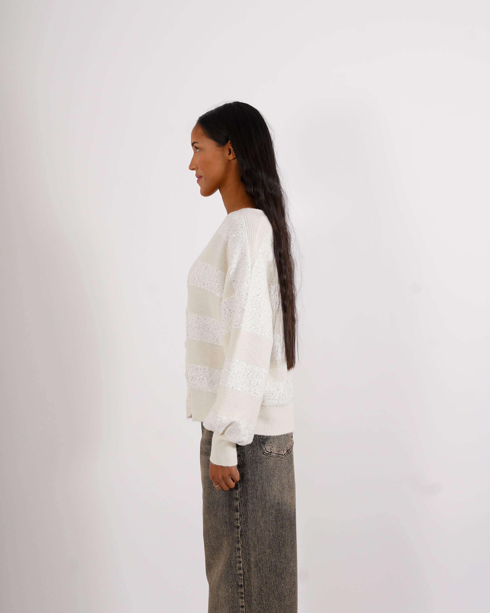 Cardigan in maglia con micro paillettes e bottoni rivestiti - Cicala - Hope Fashion