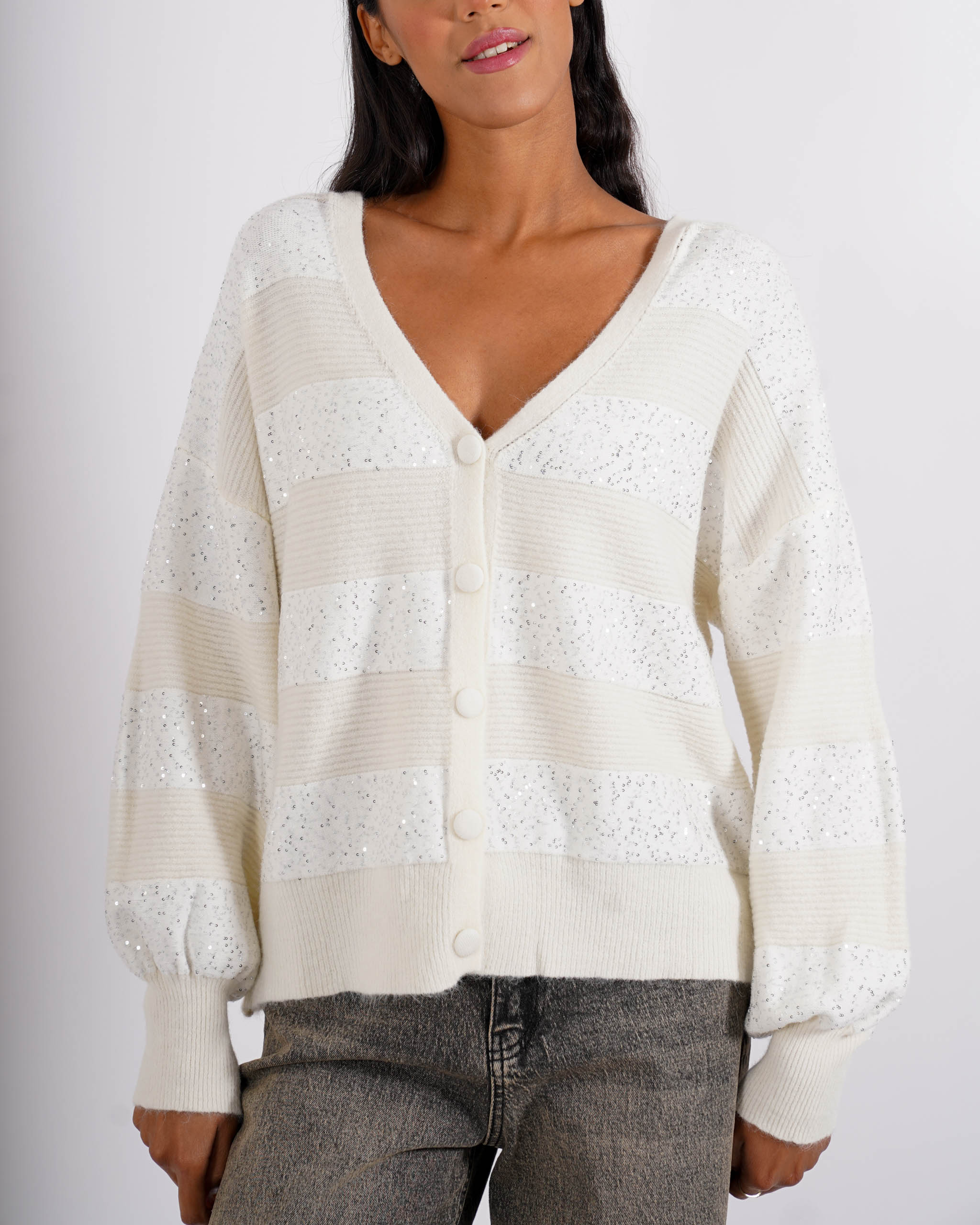 Cardigan in maglia con micro paillettes e bottoni rivestiti - Cicala