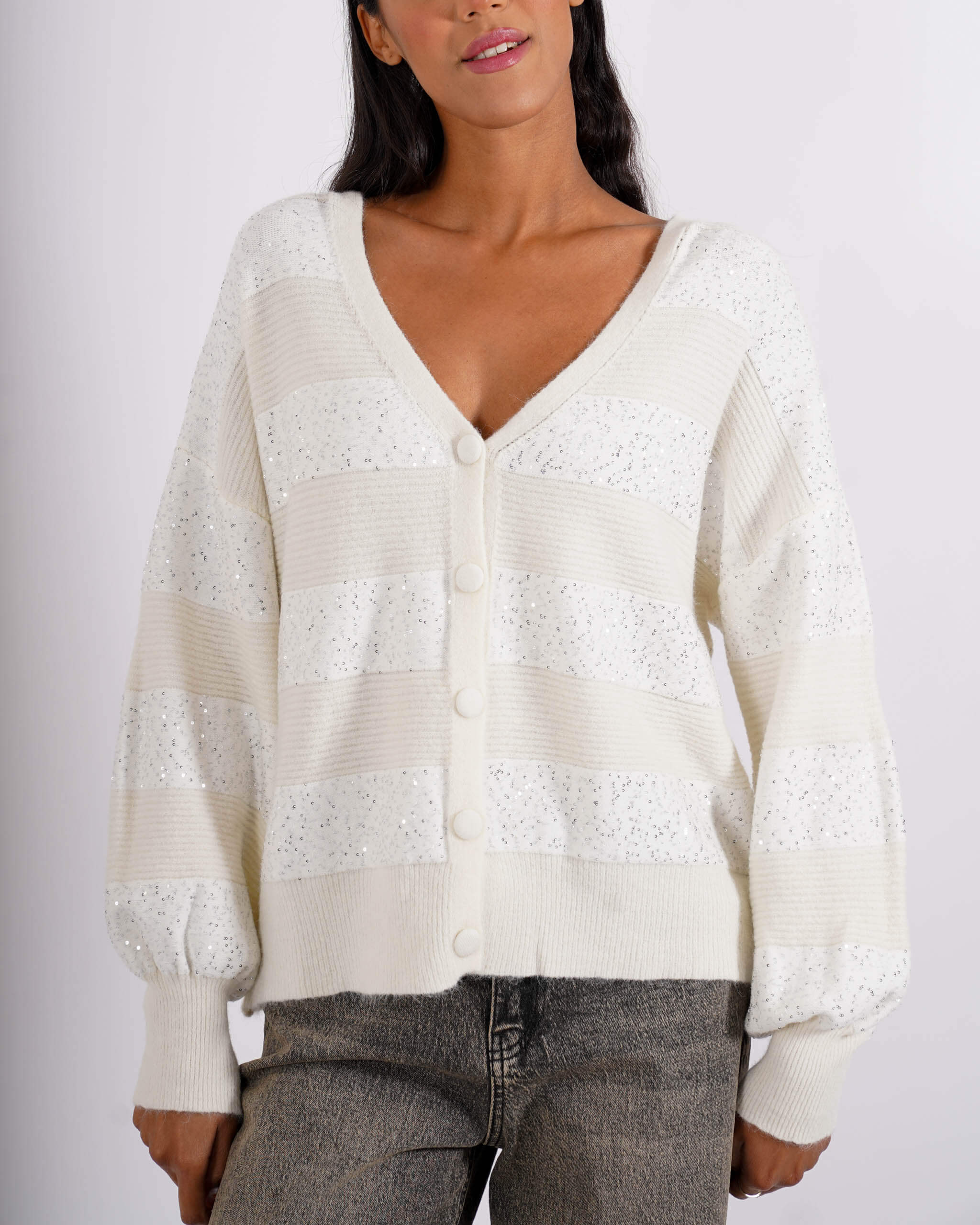 Cardigan in maglia con micro paillettes e bottoni rivestiti - Cicala - Hope Fashion