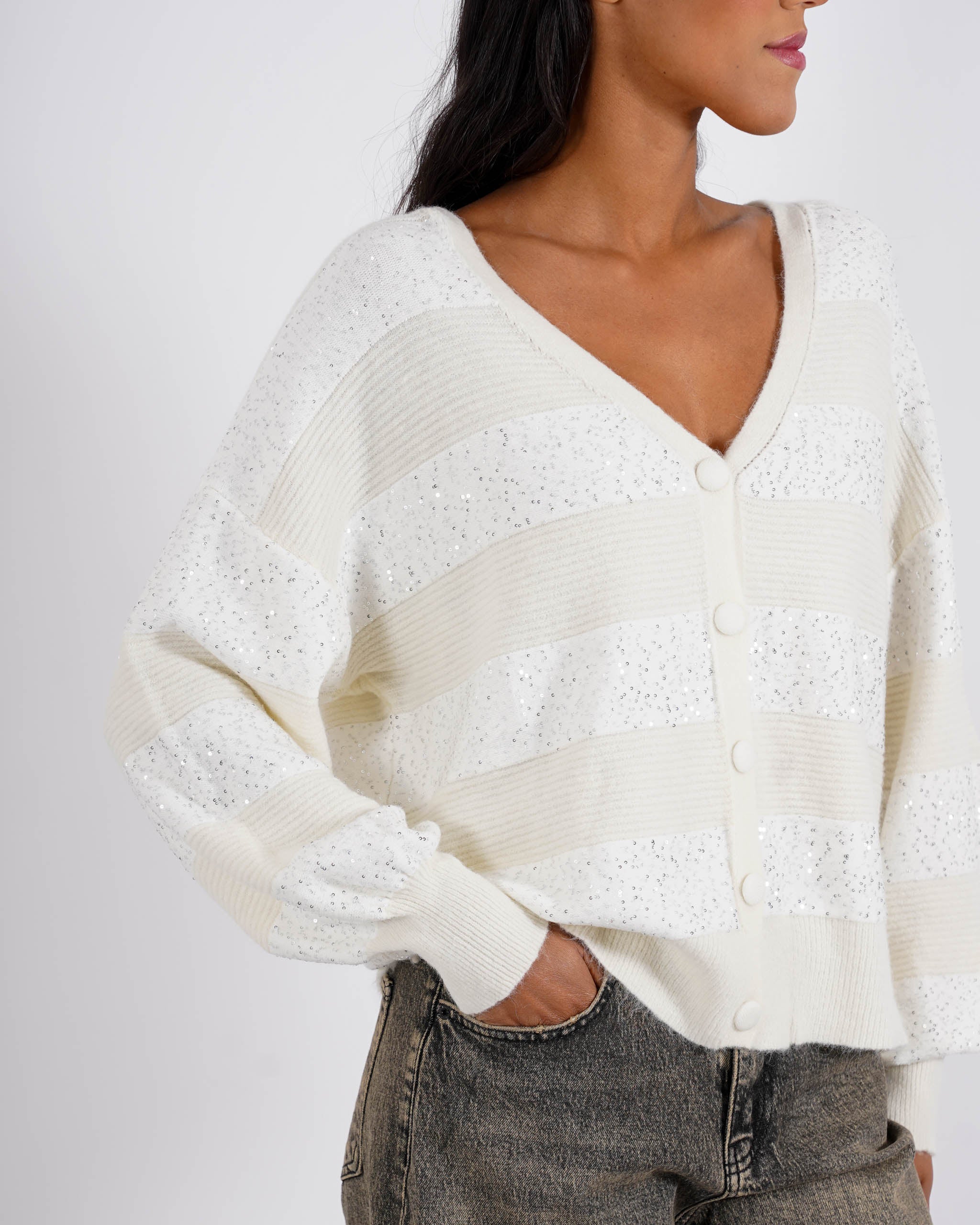 Cardigan in maglia con micro paillettes e bottoni rivestiti - Cicala