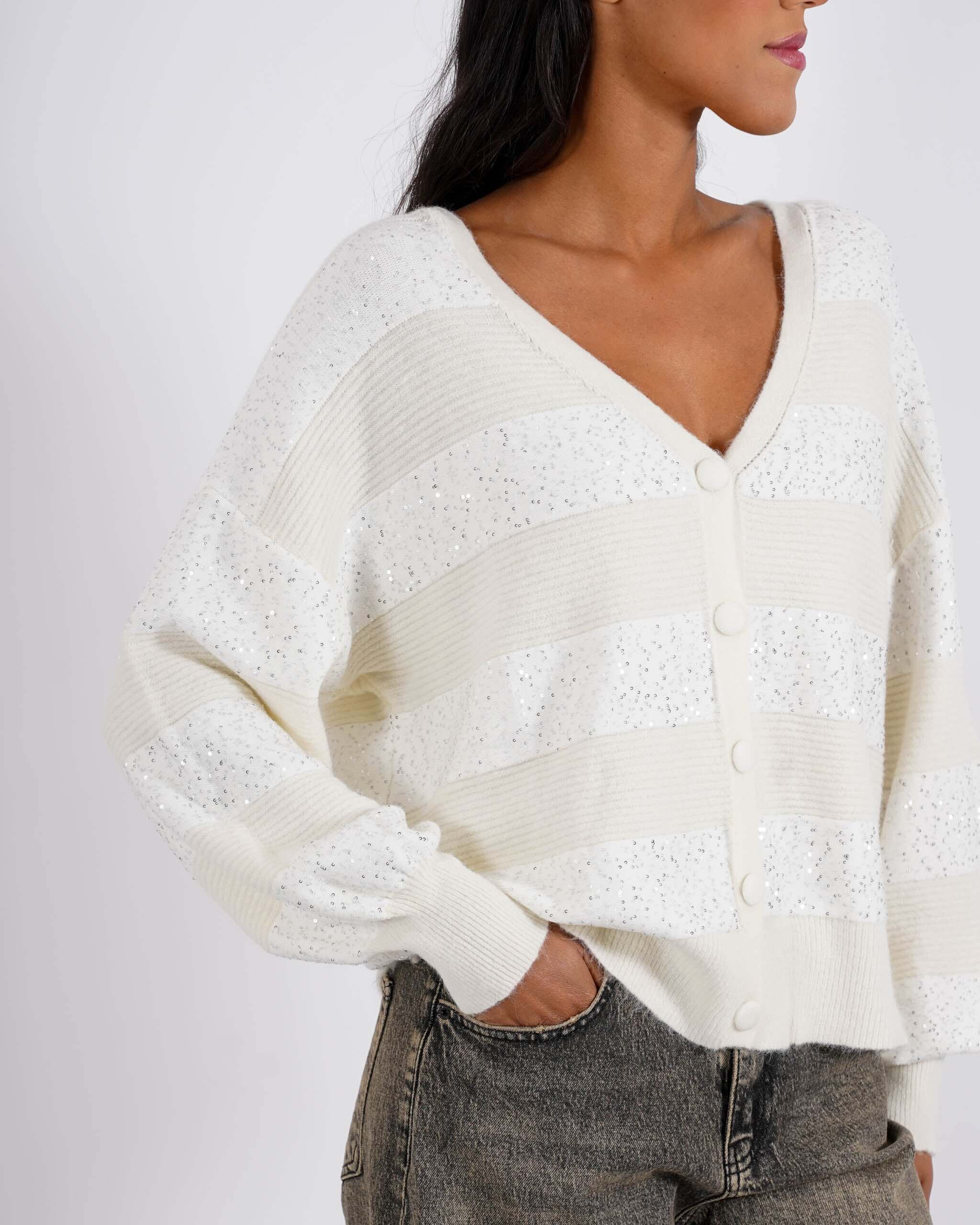 Cardigan in maglia con micro paillettes e bottoni rivestiti - Cicala - Hope Fashion
