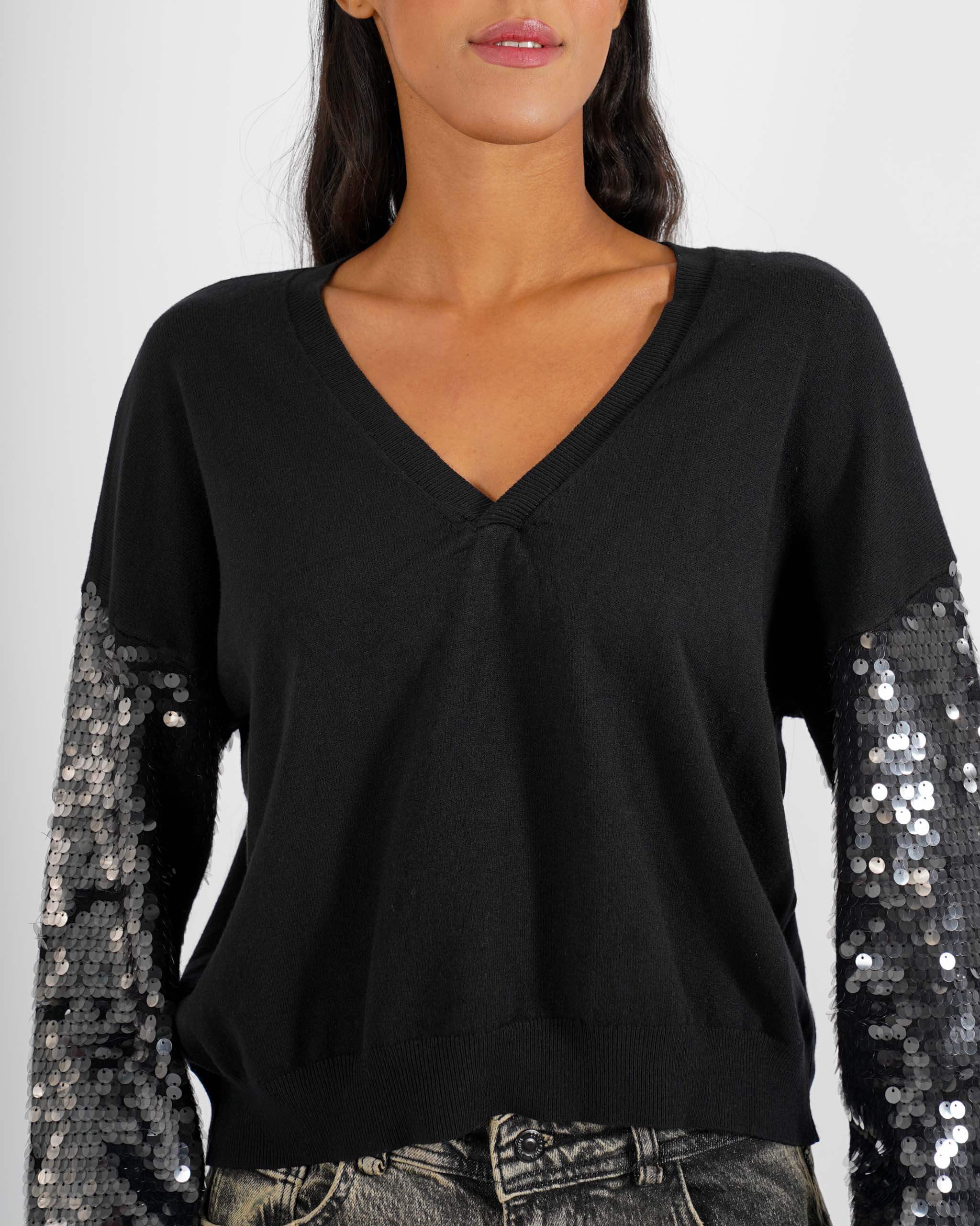 Maglia scollo a v con paillettes su maniche - Barnaba - Hope Fashion