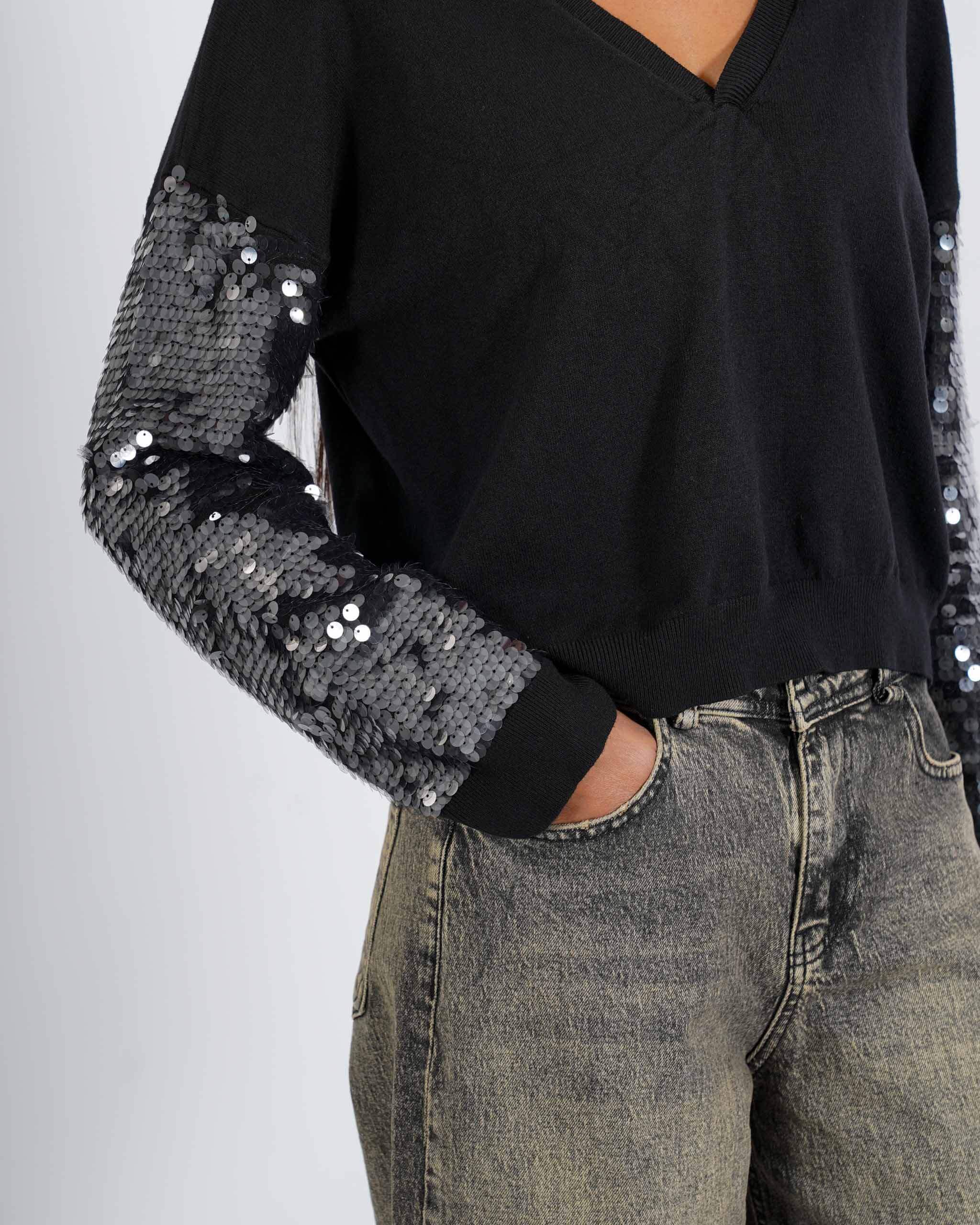 Maglia scollo a v con paillettes su maniche - Barnaba - Hope Fashion