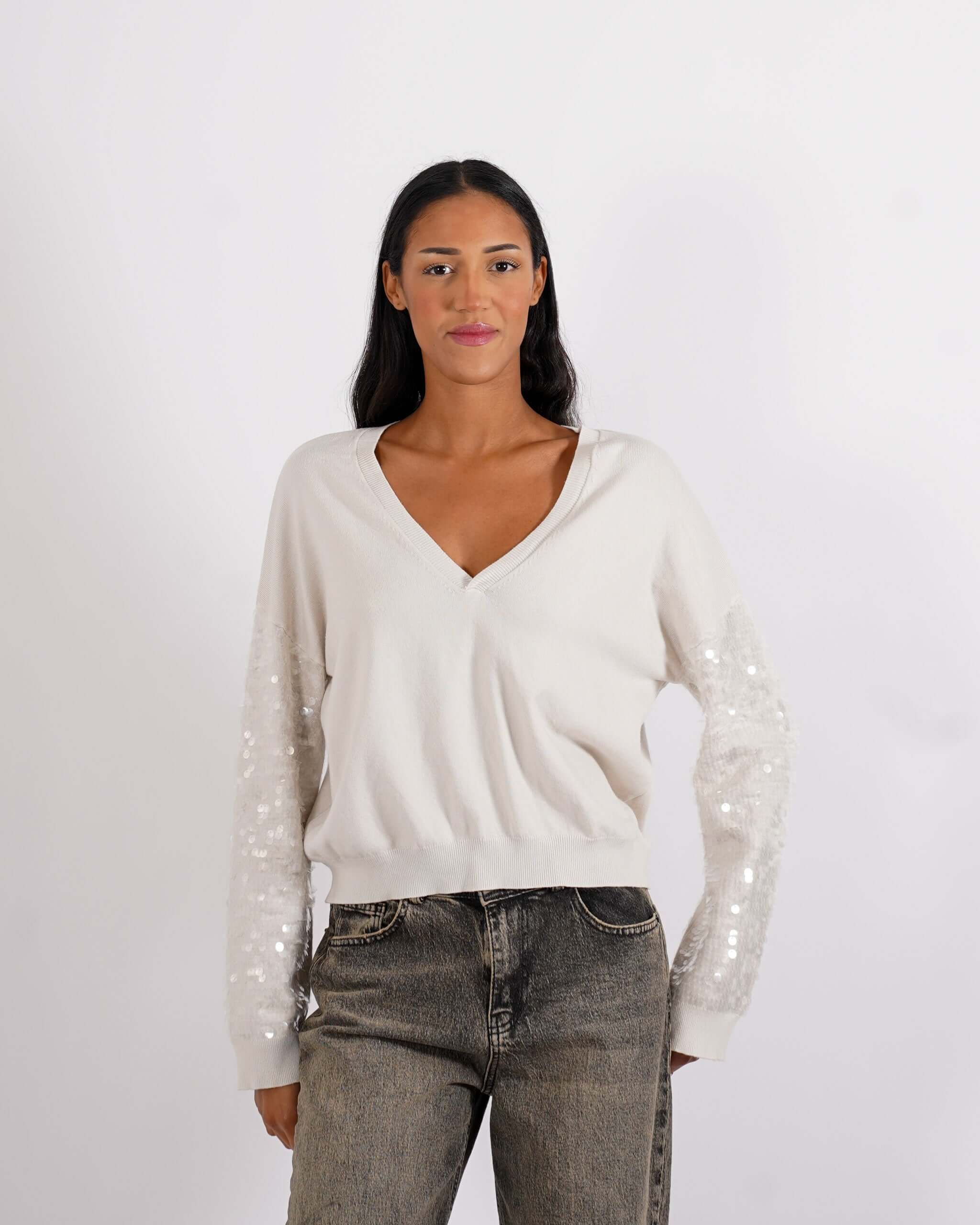 Maglia scollo a v con paillettes su maniche - Barnaba - Hope Fashion