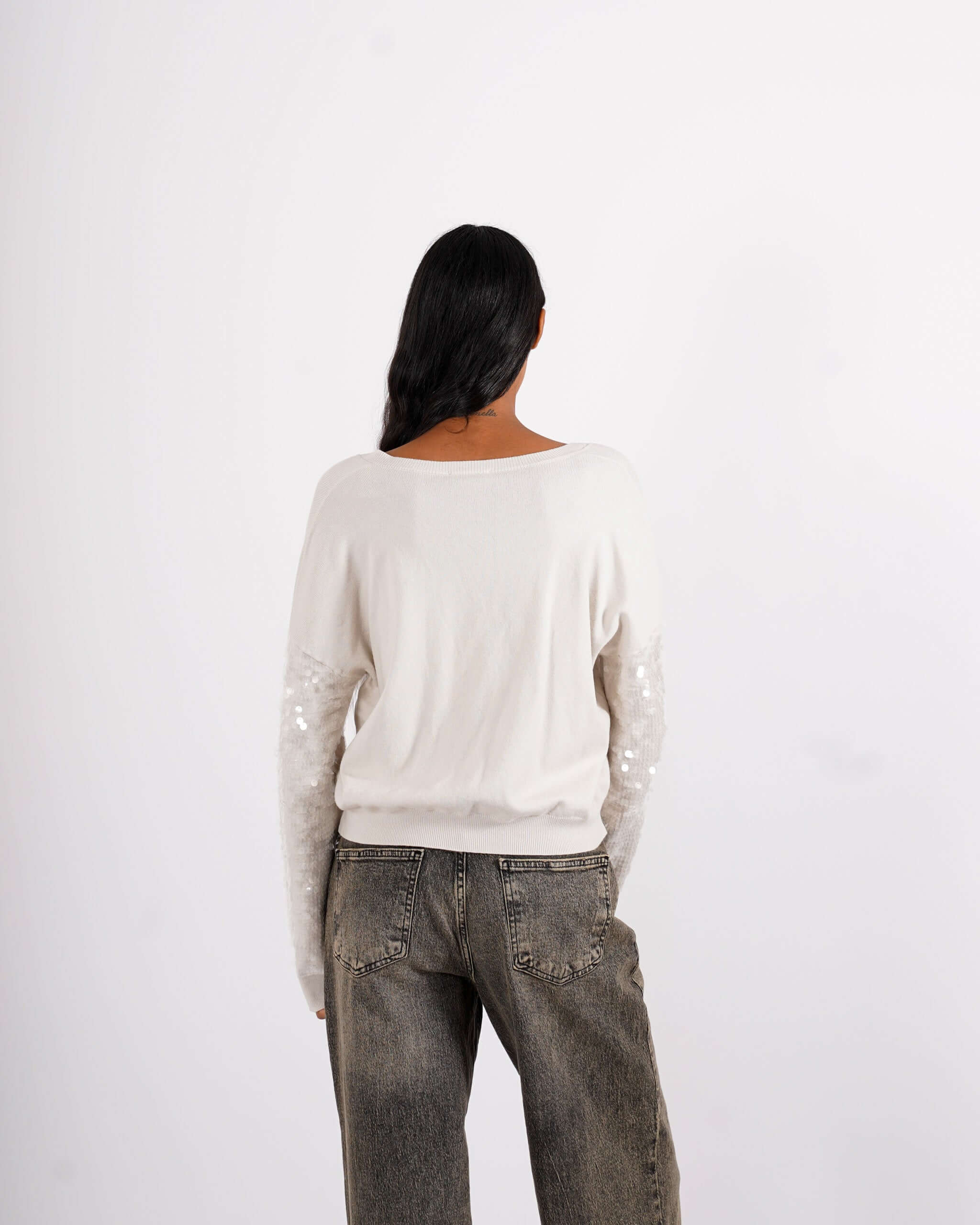 Maglia scollo a v con paillettes su maniche - Barnaba - Hope Fashion