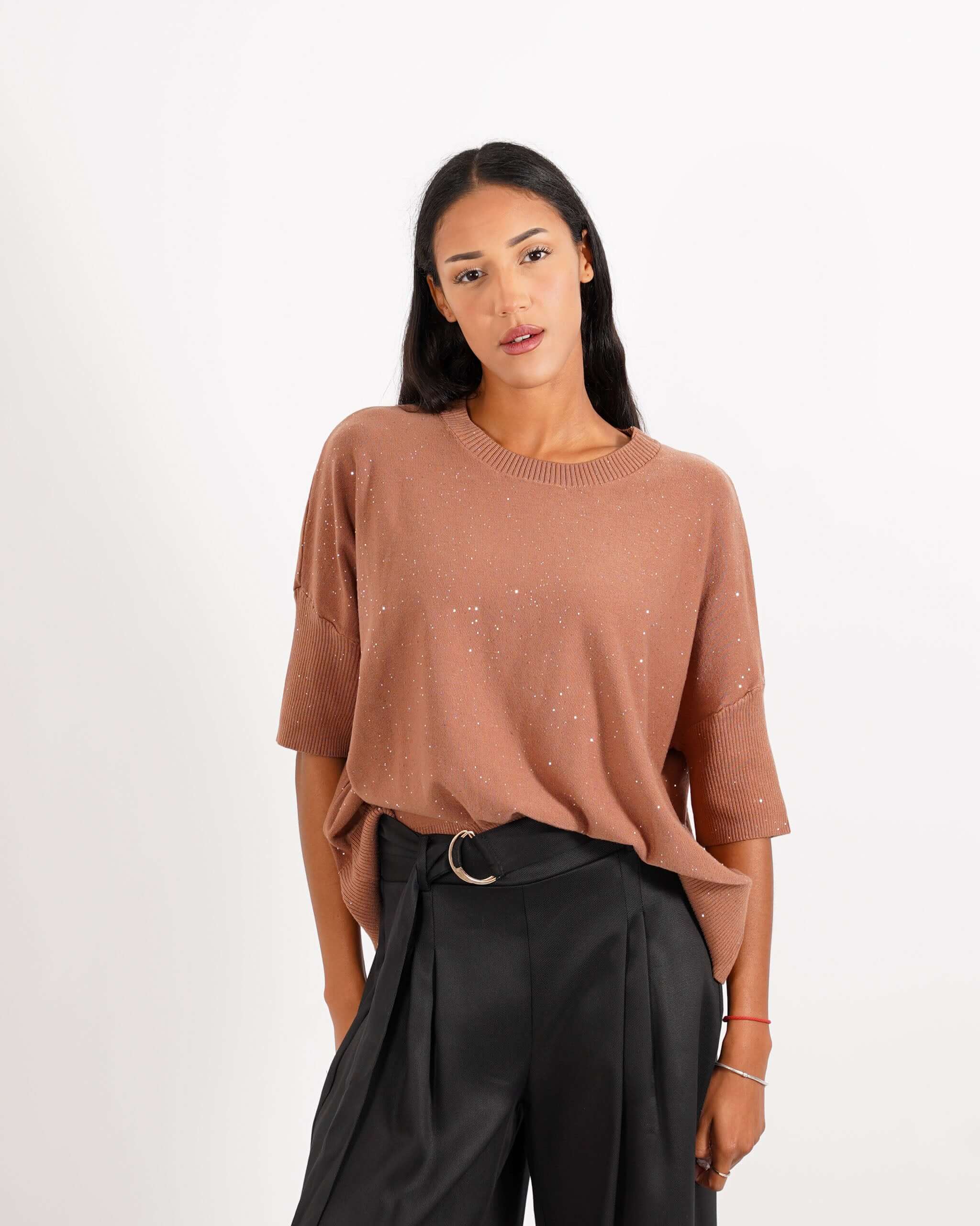 Maglia girocollo manica 3/4 con micropaillettes - Emiliana - Hope Fashion