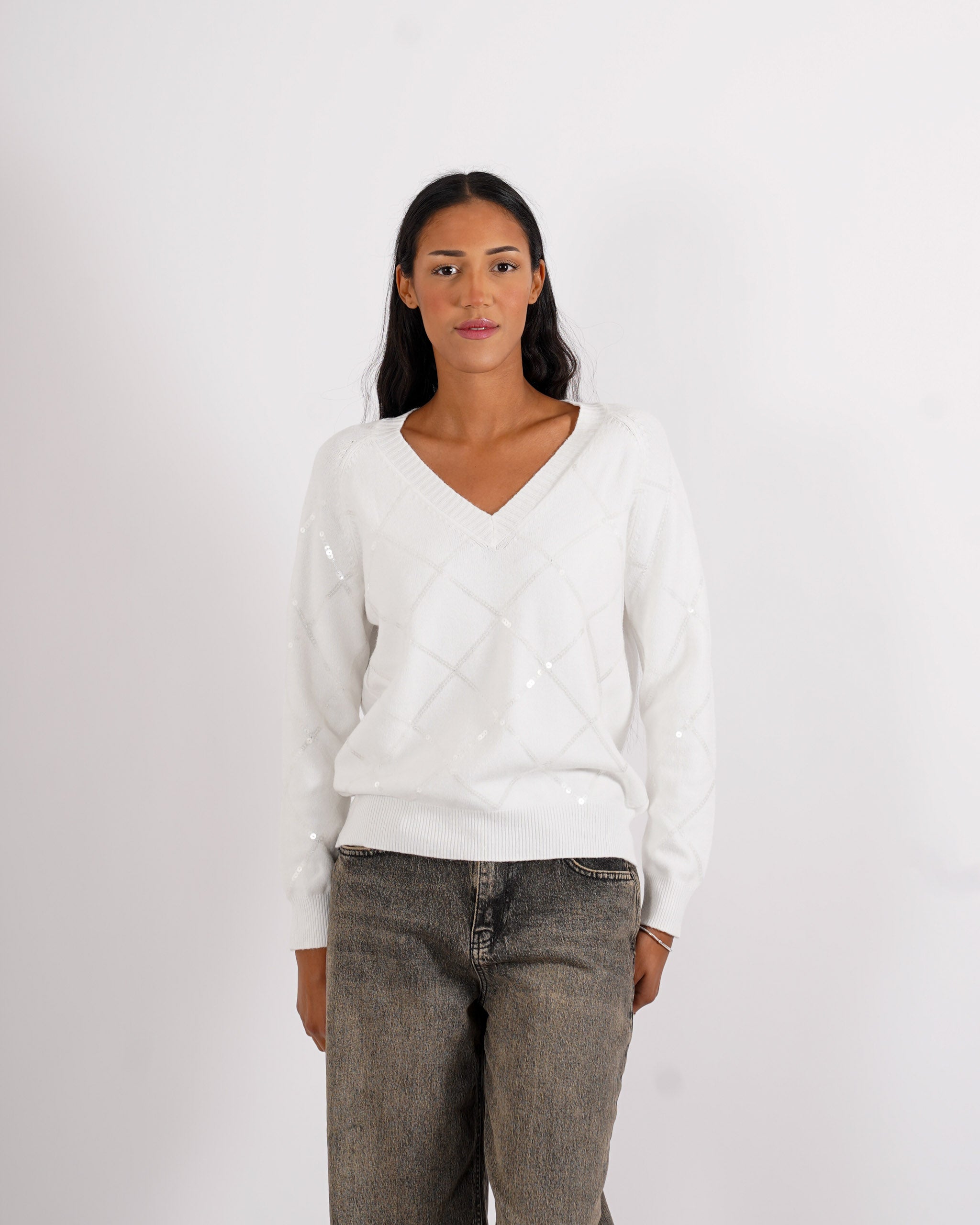 Maglia scollo a v con losanghe in paillettes - Geltrude