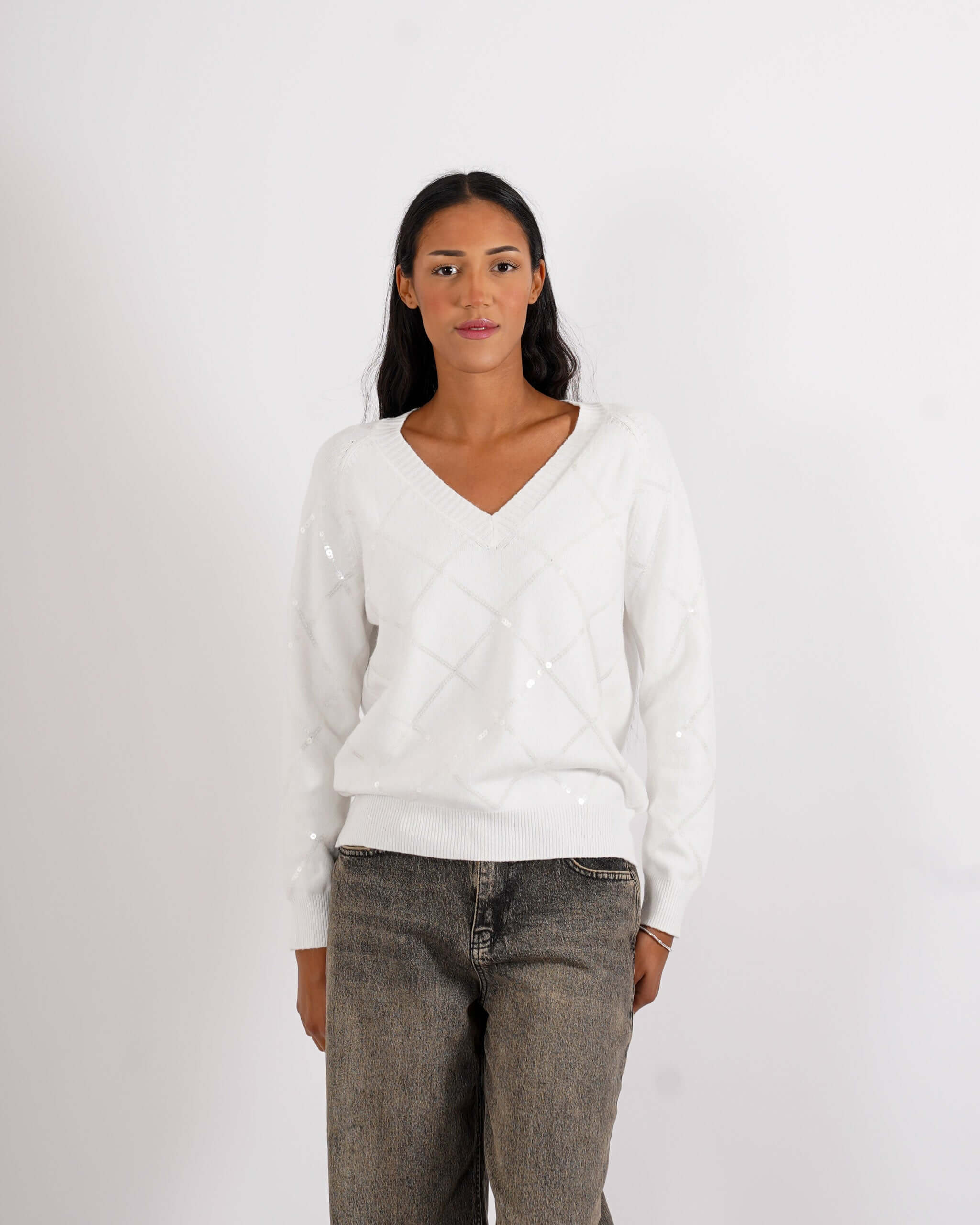 Maglia scollo a v con losanghe in paillettes - Geltrude - Hope Fashion