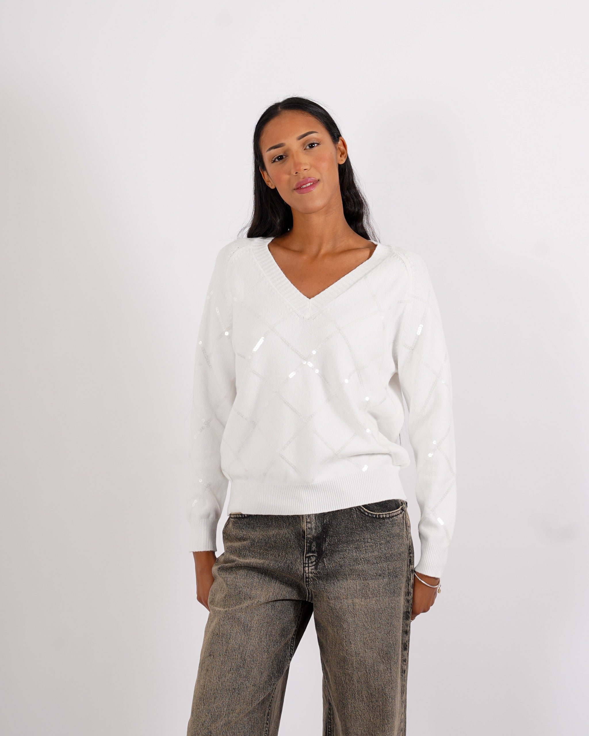 Maglia scollo a v con losanghe in paillettes - Geltrude