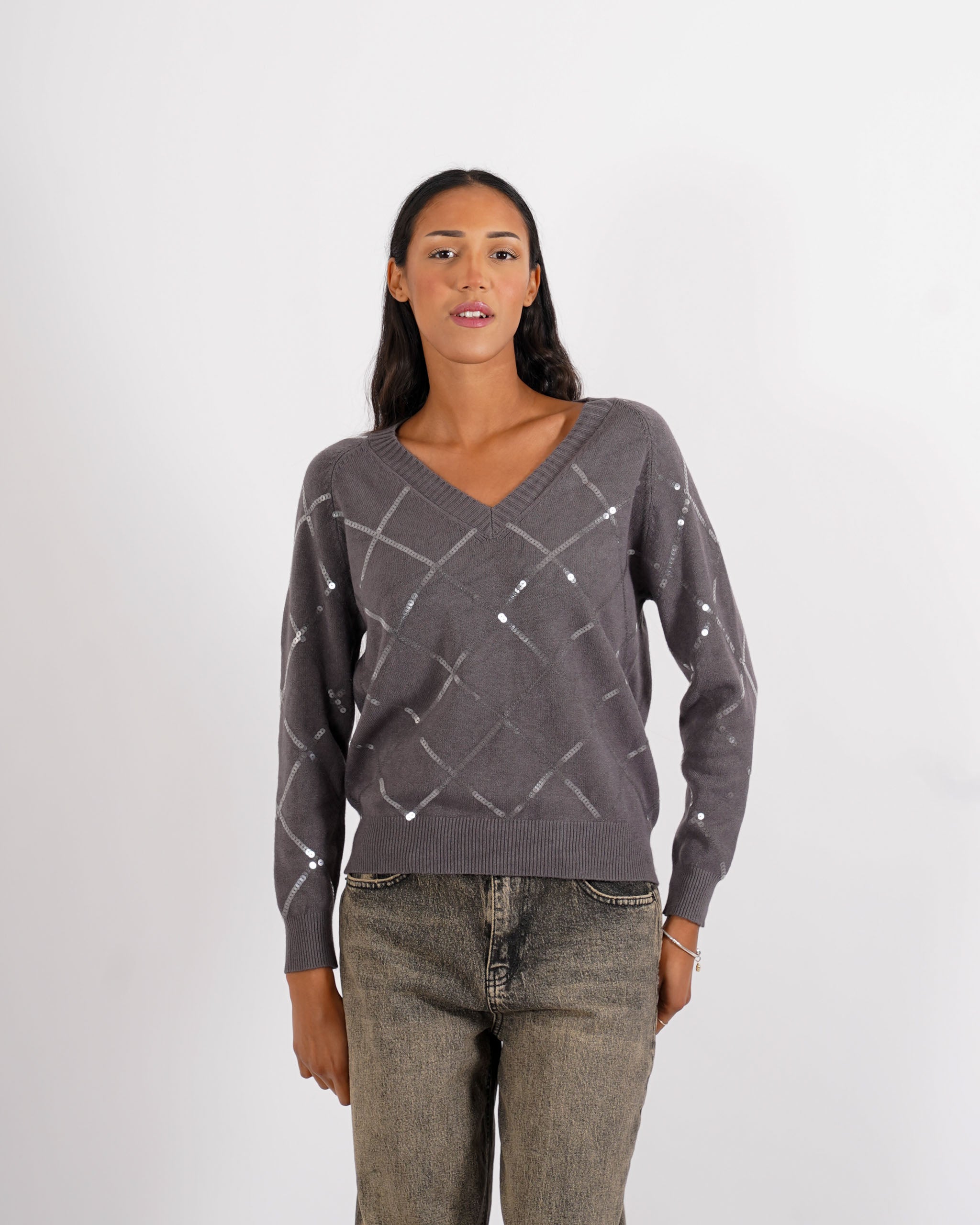Maglia scollo a v con losanghe in paillettes - Geltrude