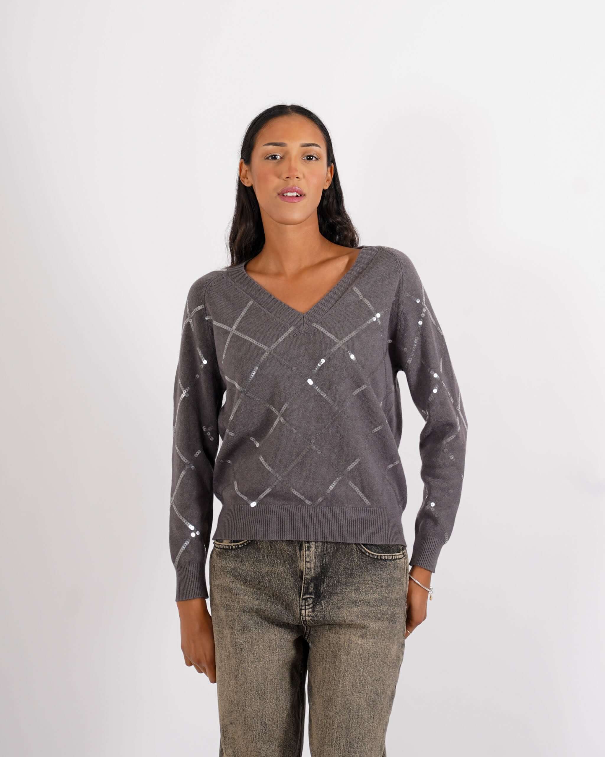 Maglia scollo a v con losanghe in paillettes - Geltrude - Hope Fashion