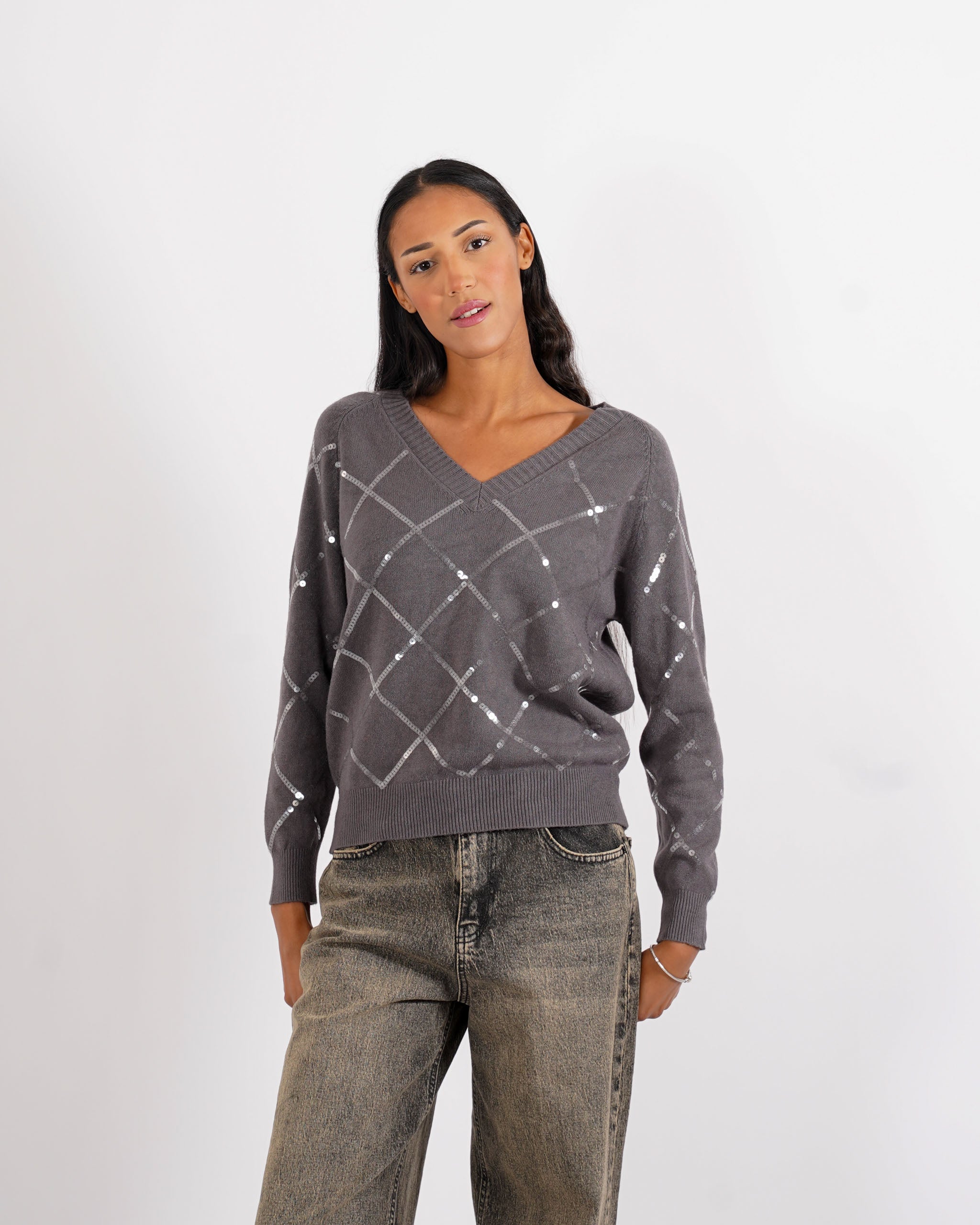 Maglia scollo a v con losanghe in paillettes - Geltrude