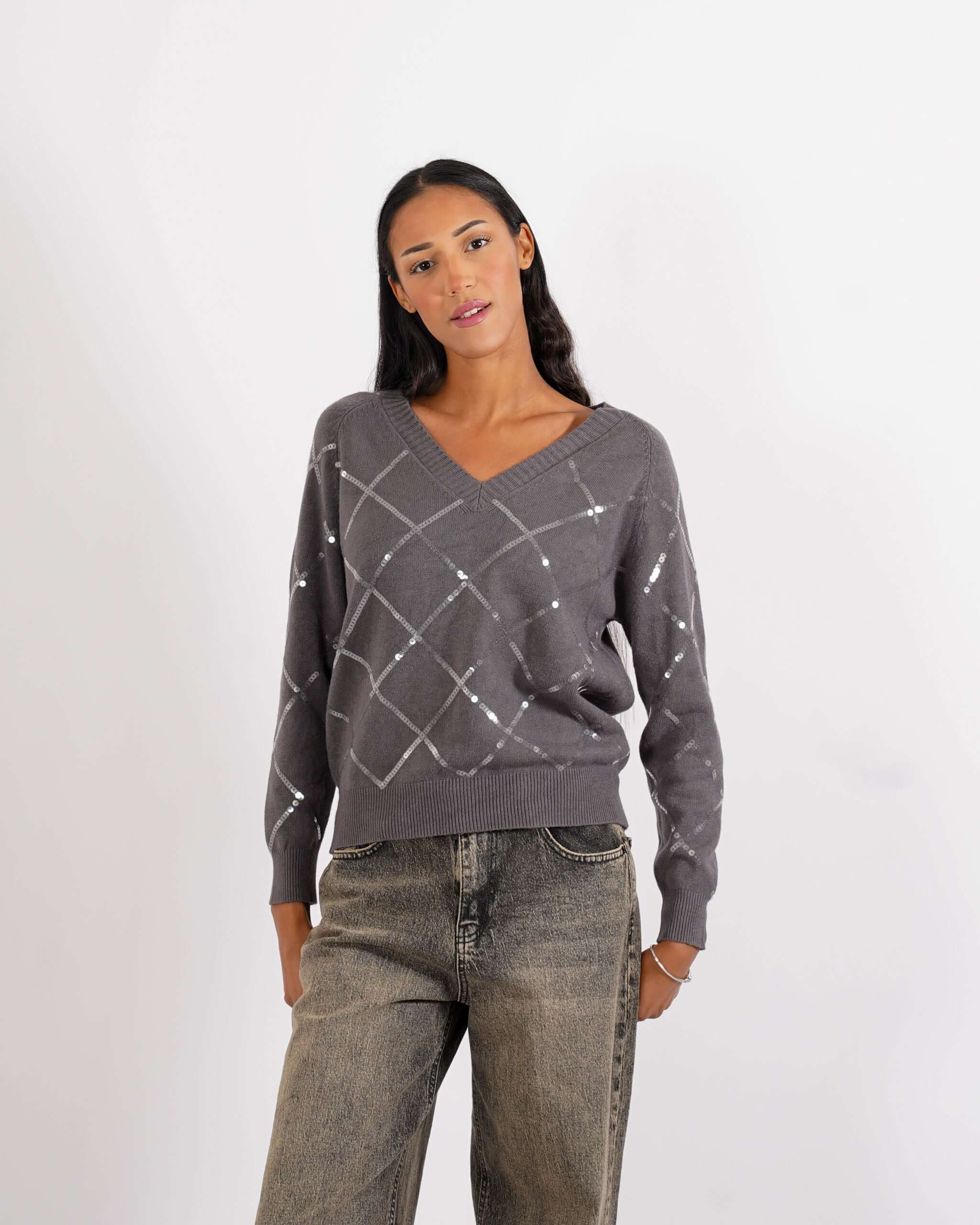 Maglia scollo a v con losanghe in paillettes - Geltrude - Hope Fashion