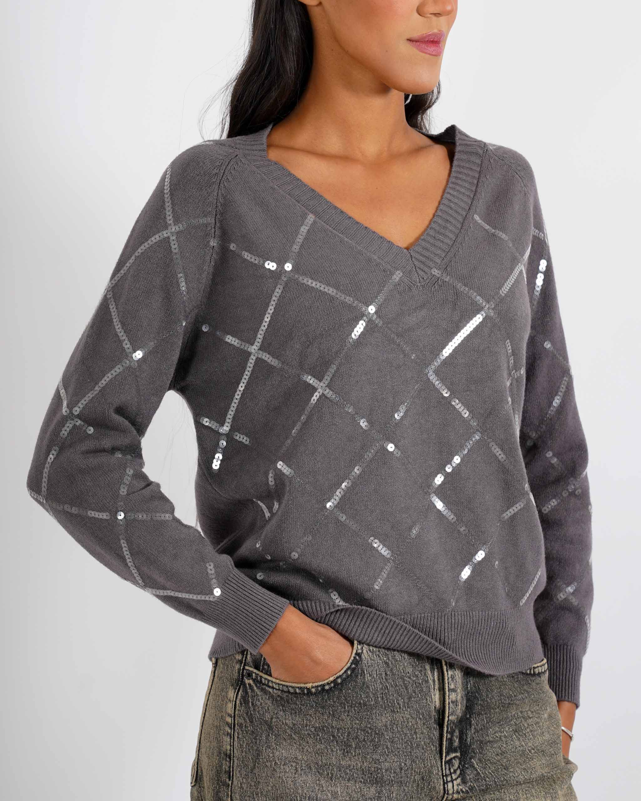 Maglia scollo a v con losanghe in paillettes - Geltrude