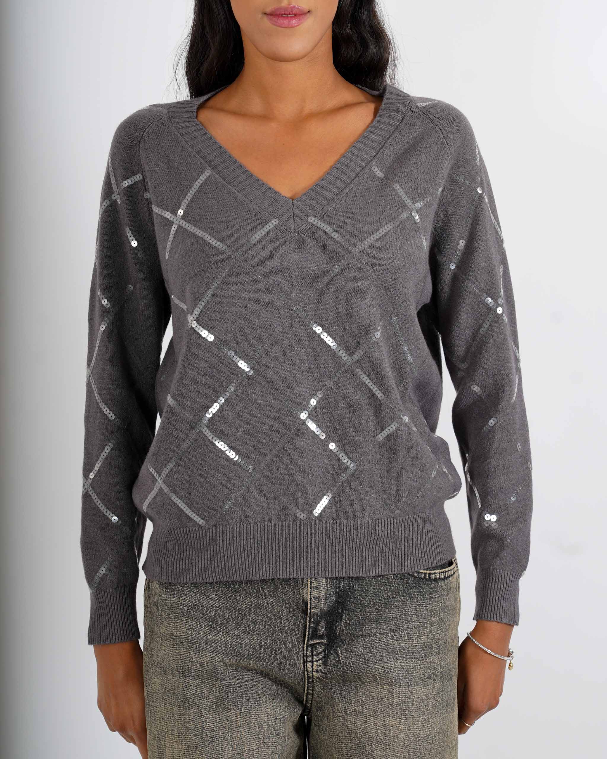 Maglia scollo a v con losanghe in paillettes - Geltrude