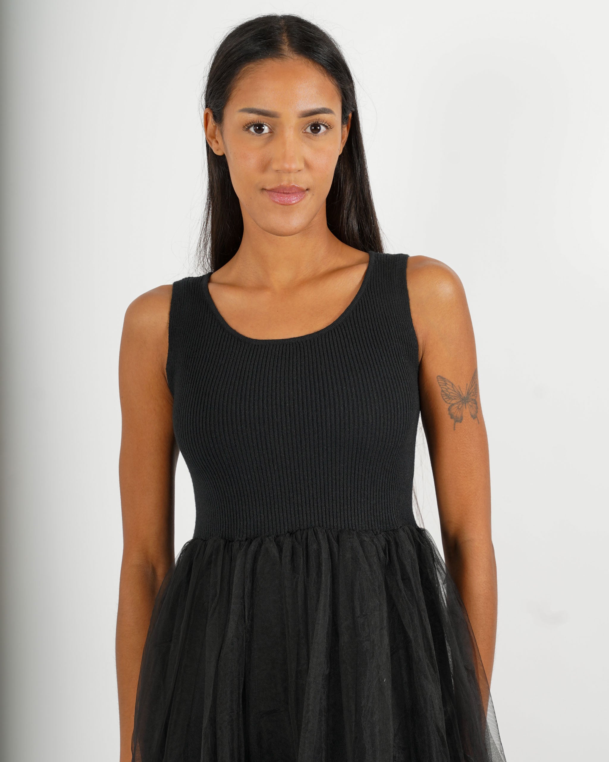 Abito girocollo con applicazione in tricot e in tulle - Crimea
