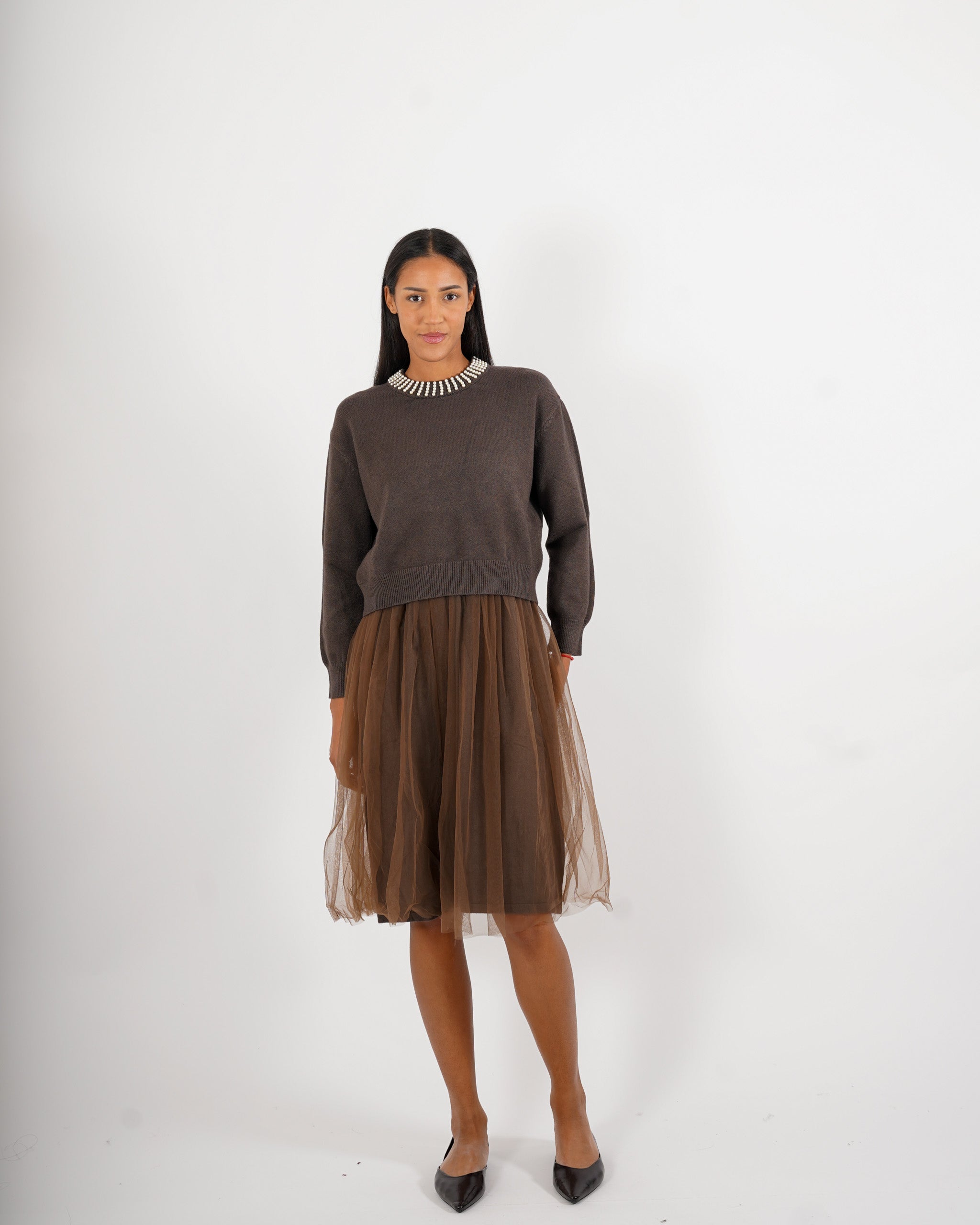 Abito girocollo con applicazione in tricot e in tulle - Crimea