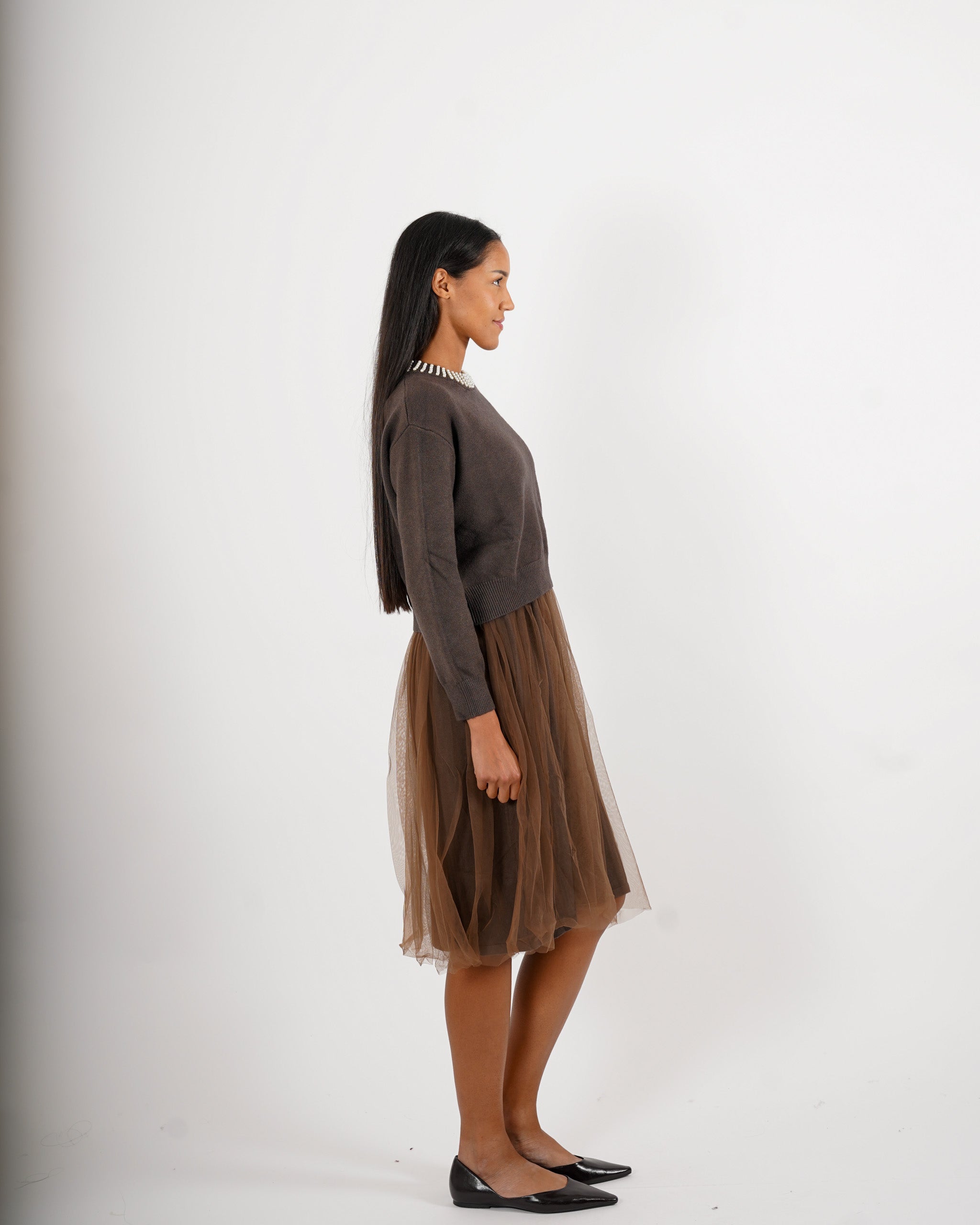 Abito girocollo con applicazione in tricot e in tulle - Crimea