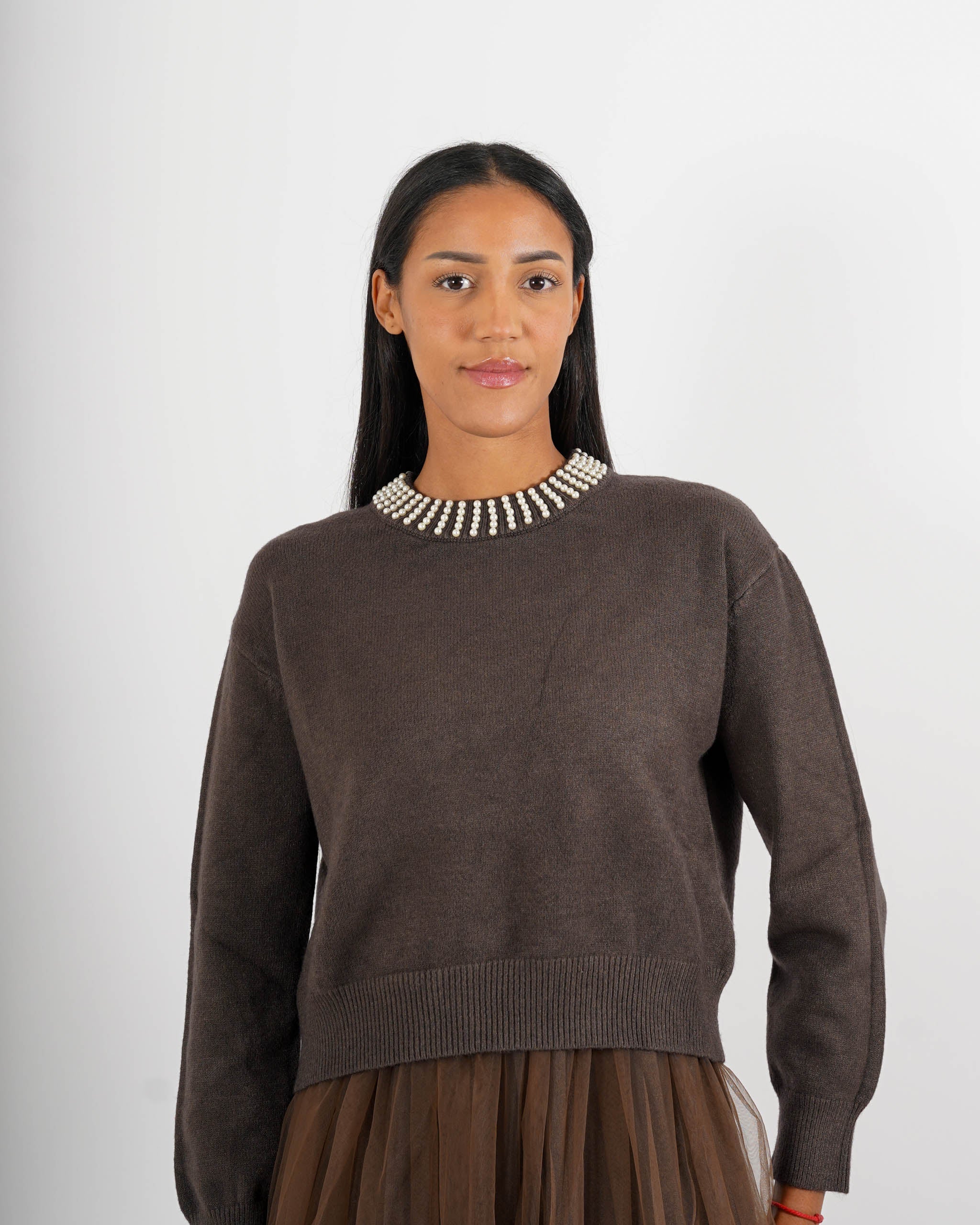 Abito girocollo con applicazione in tricot e in tulle - Crimea