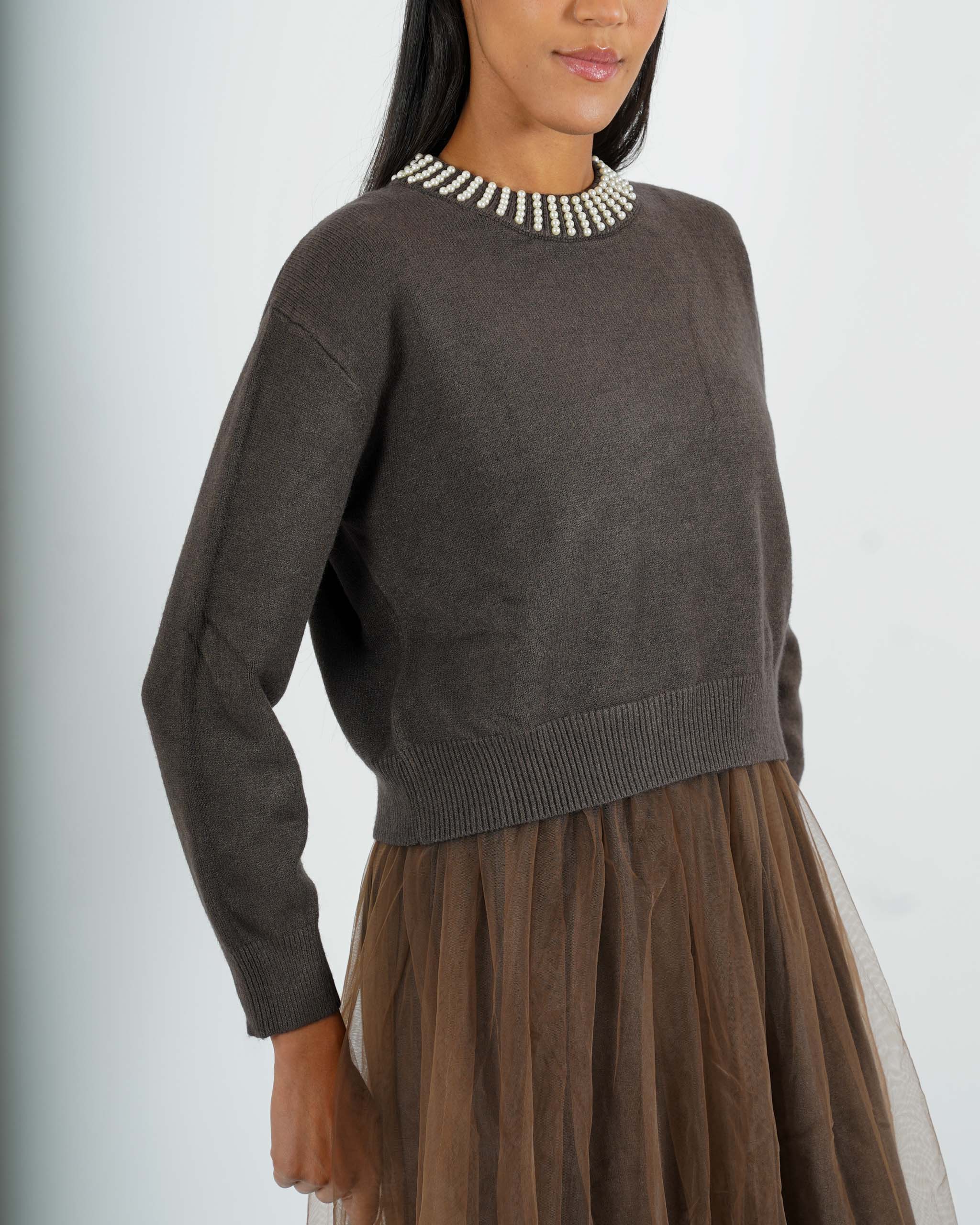 Abito girocollo con applicazione in tricot e in tulle - Crimea