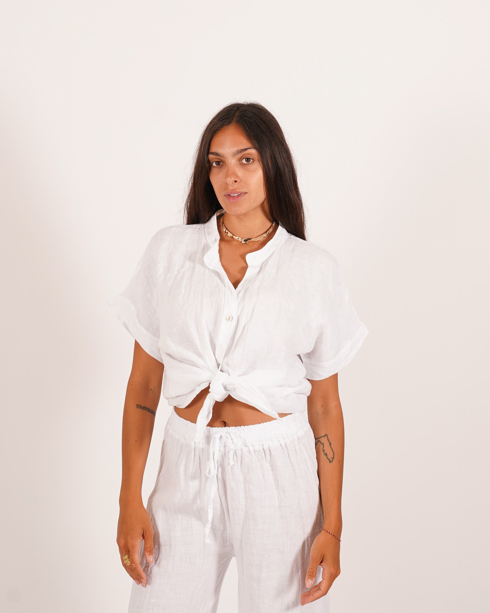 Camicia mezza manica con nodo frontale in lino - Montero