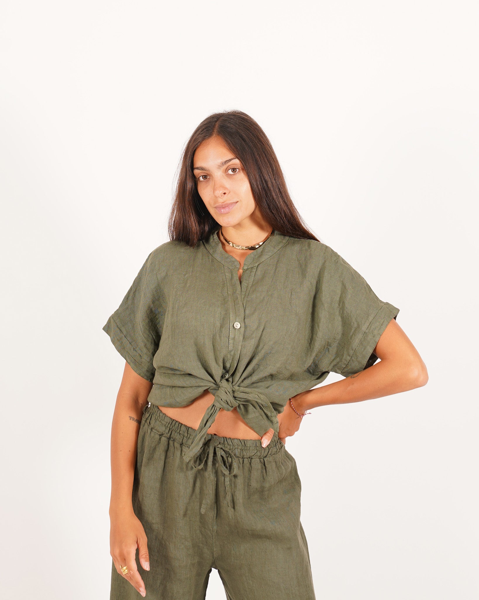 Camicia mezza manica con nodo frontale in lino - Montero