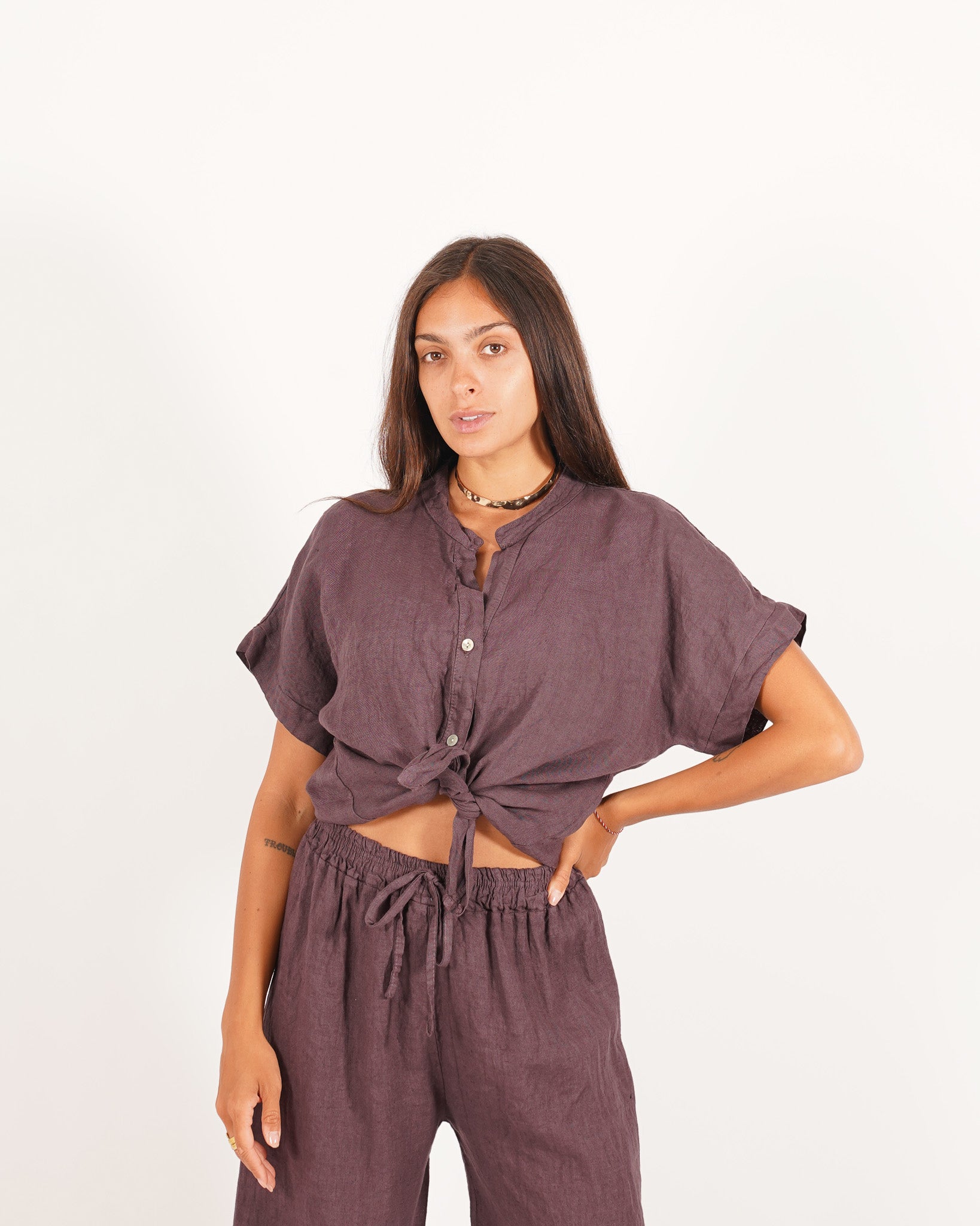 Camicia mezza manica con nodo frontale in lino - Montero