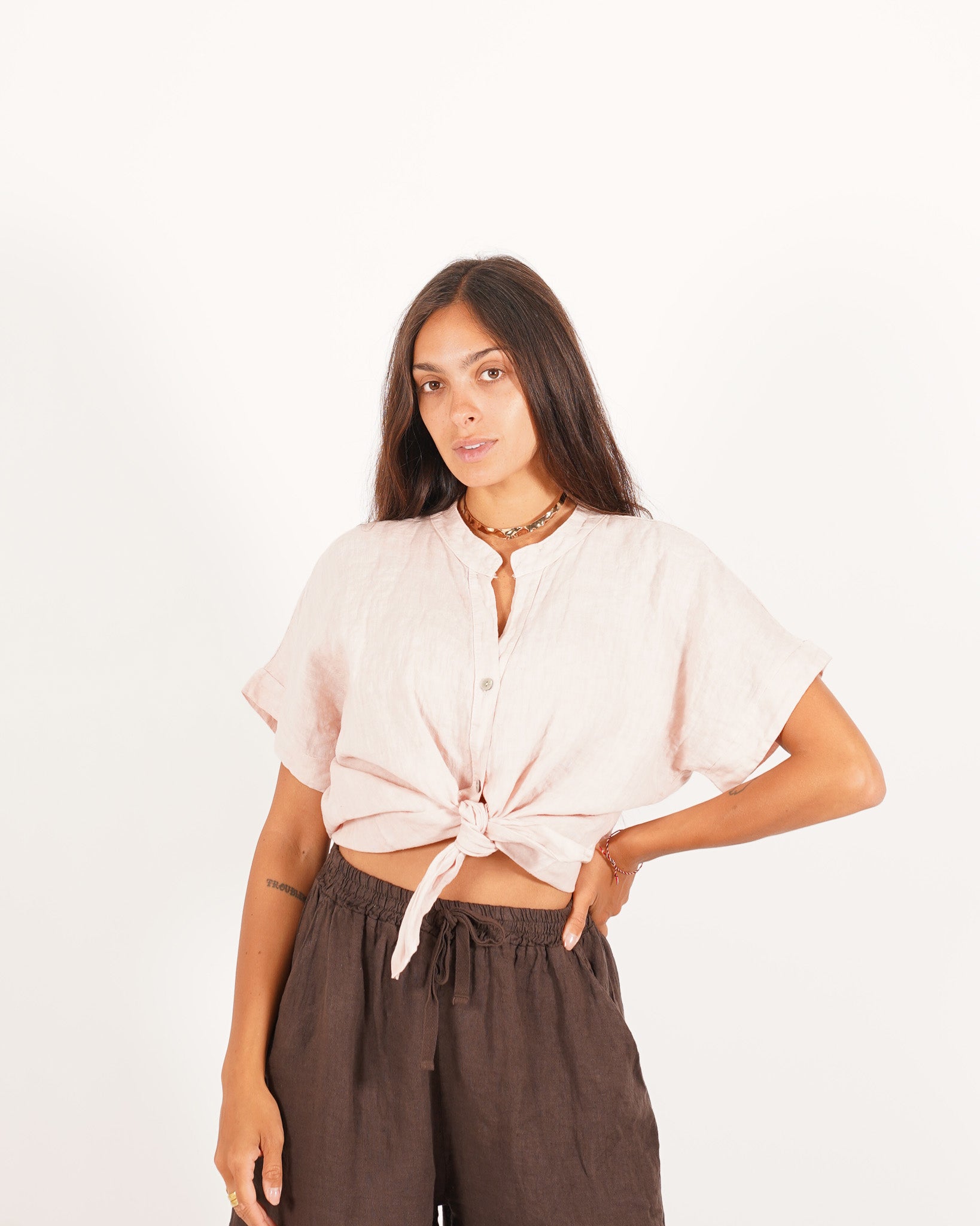 Camicia mezza manica con nodo frontale in lino - Montero