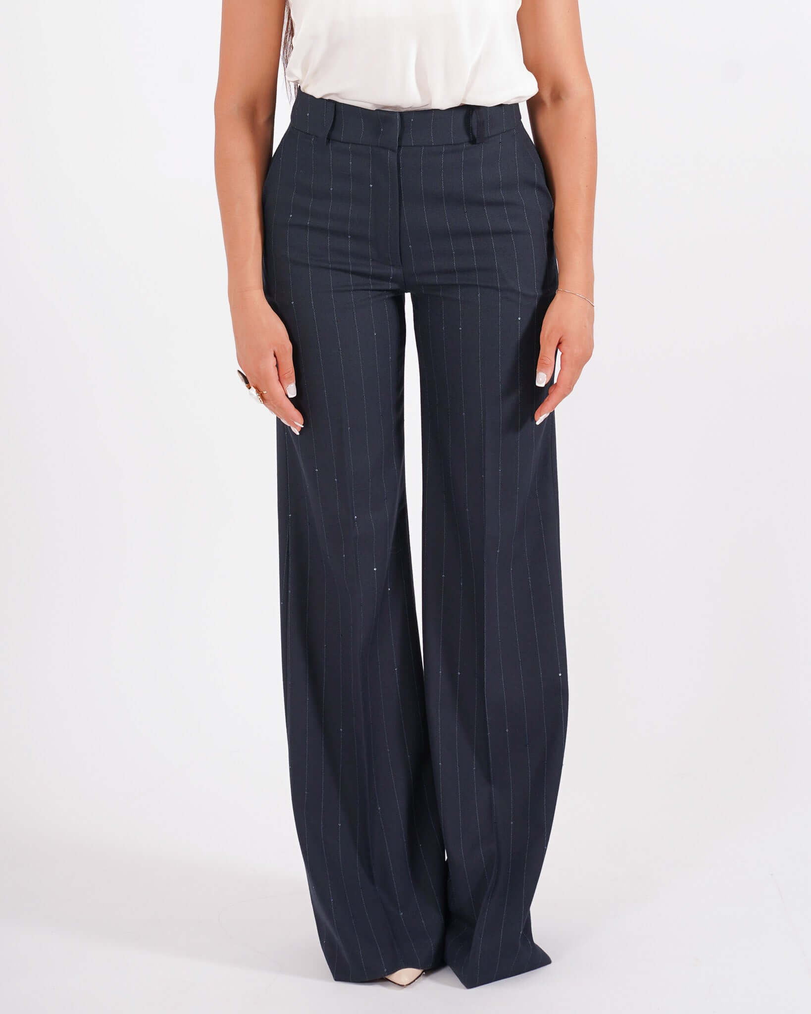 Pantaloni palazzo gessati vita alta con micro pailletts - Roberts