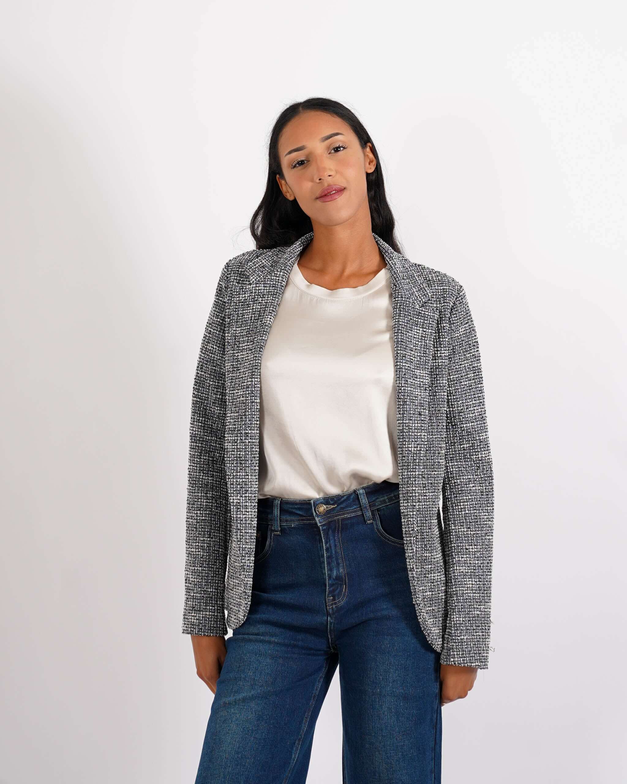 Giacca aperta slim fit con micropaillettes in tessuto tweeed - Willis - Hope Fashion