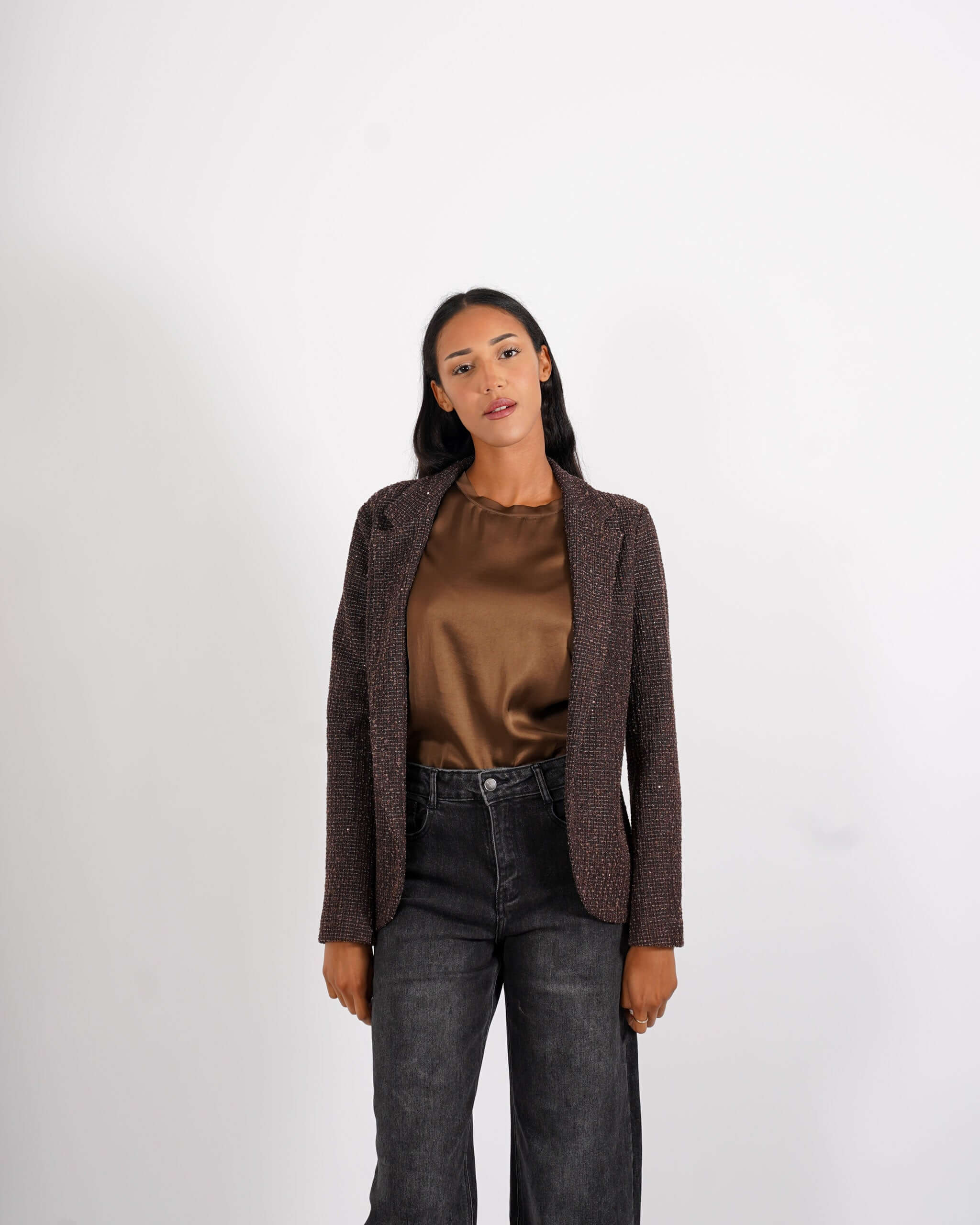 Giacca aperta slim fit con micropaillettes in tessuto tweeed - Willis - Hope Fashion