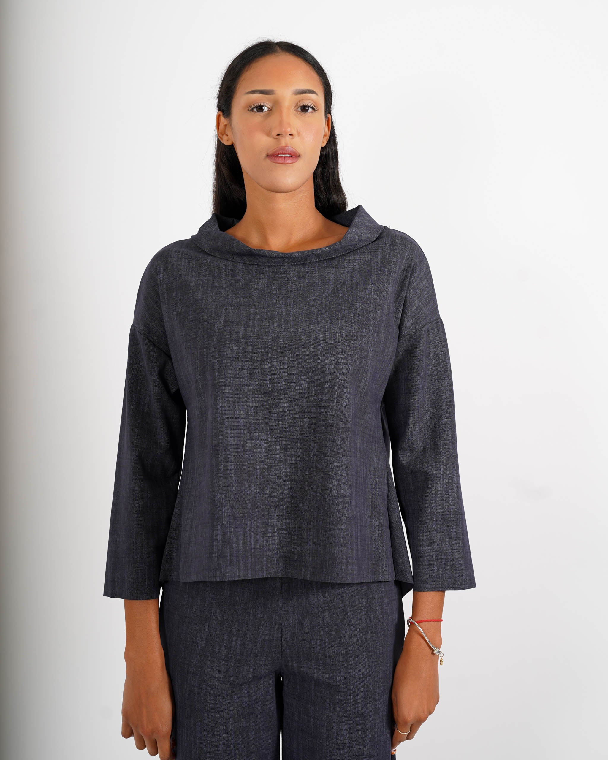 Felpa over con collo a cratere in denim stretch - Cassibile