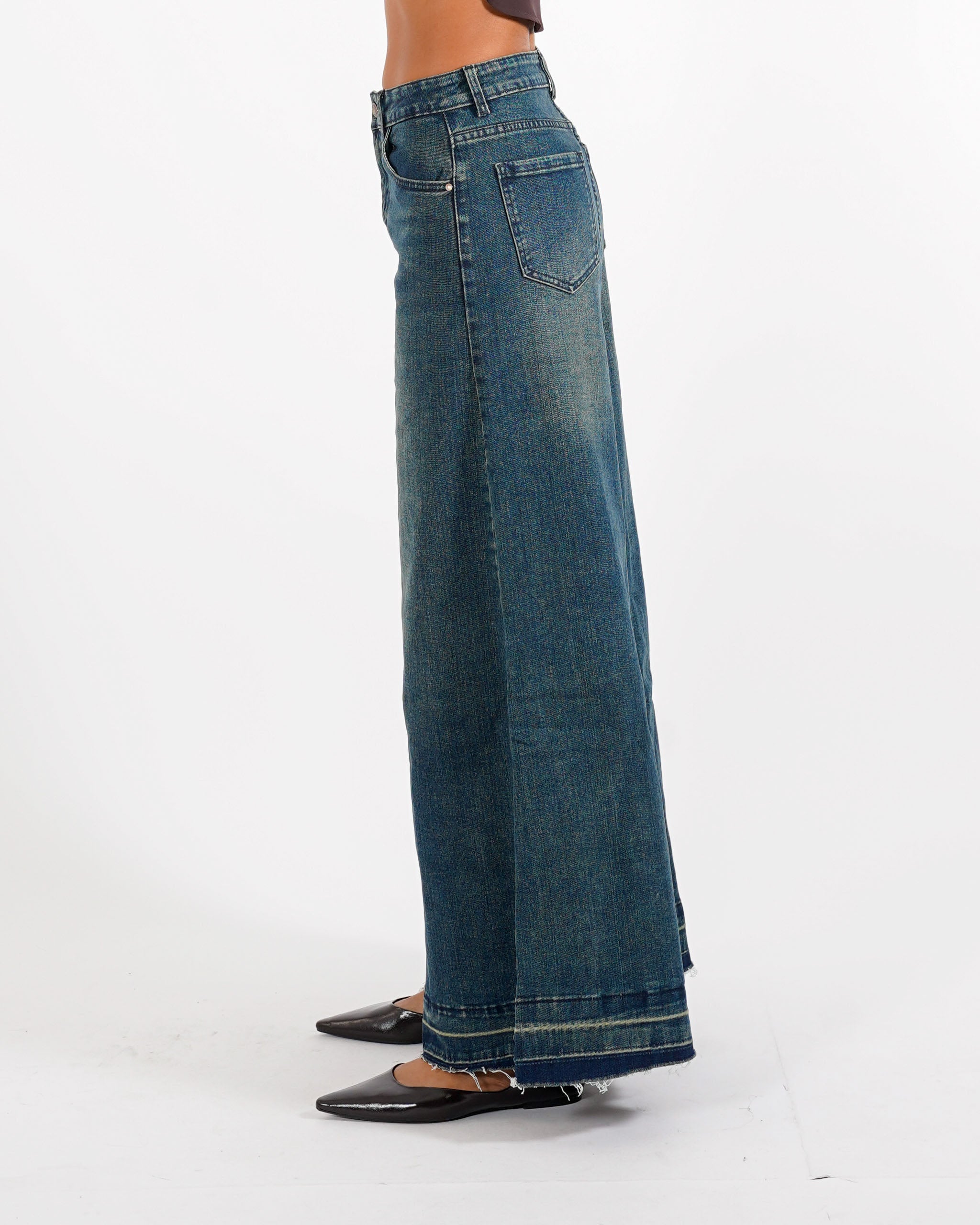 Jeans stretch gamba larga sul fondo con vita regolare - Soledad - Hope Fashion