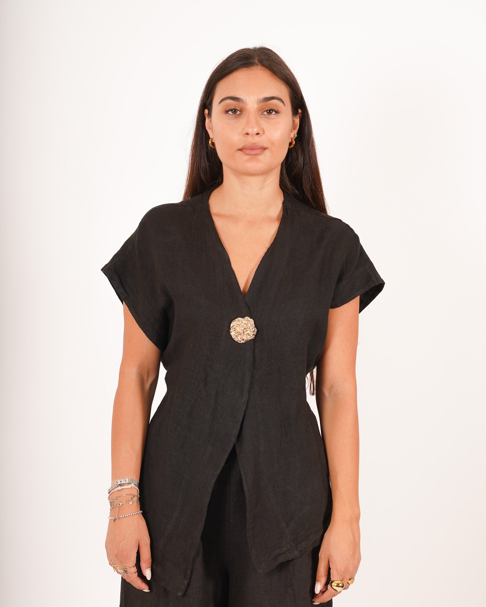 Gilet monopetto lungo con bottone oro e coulisse - Marilena