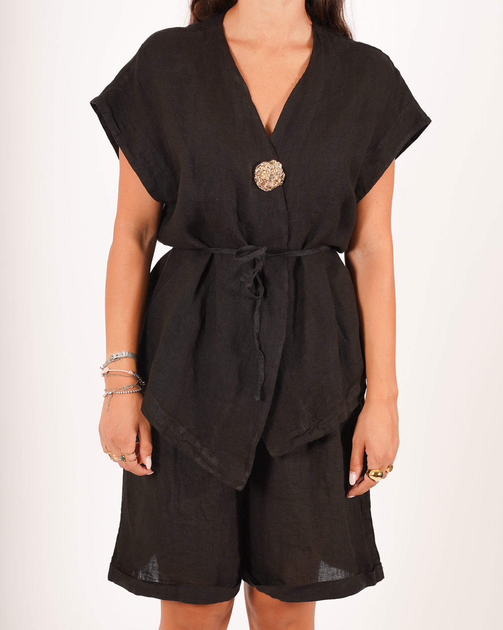 Gilet monopetto lungo con bottone oro e coulisse - Marilena