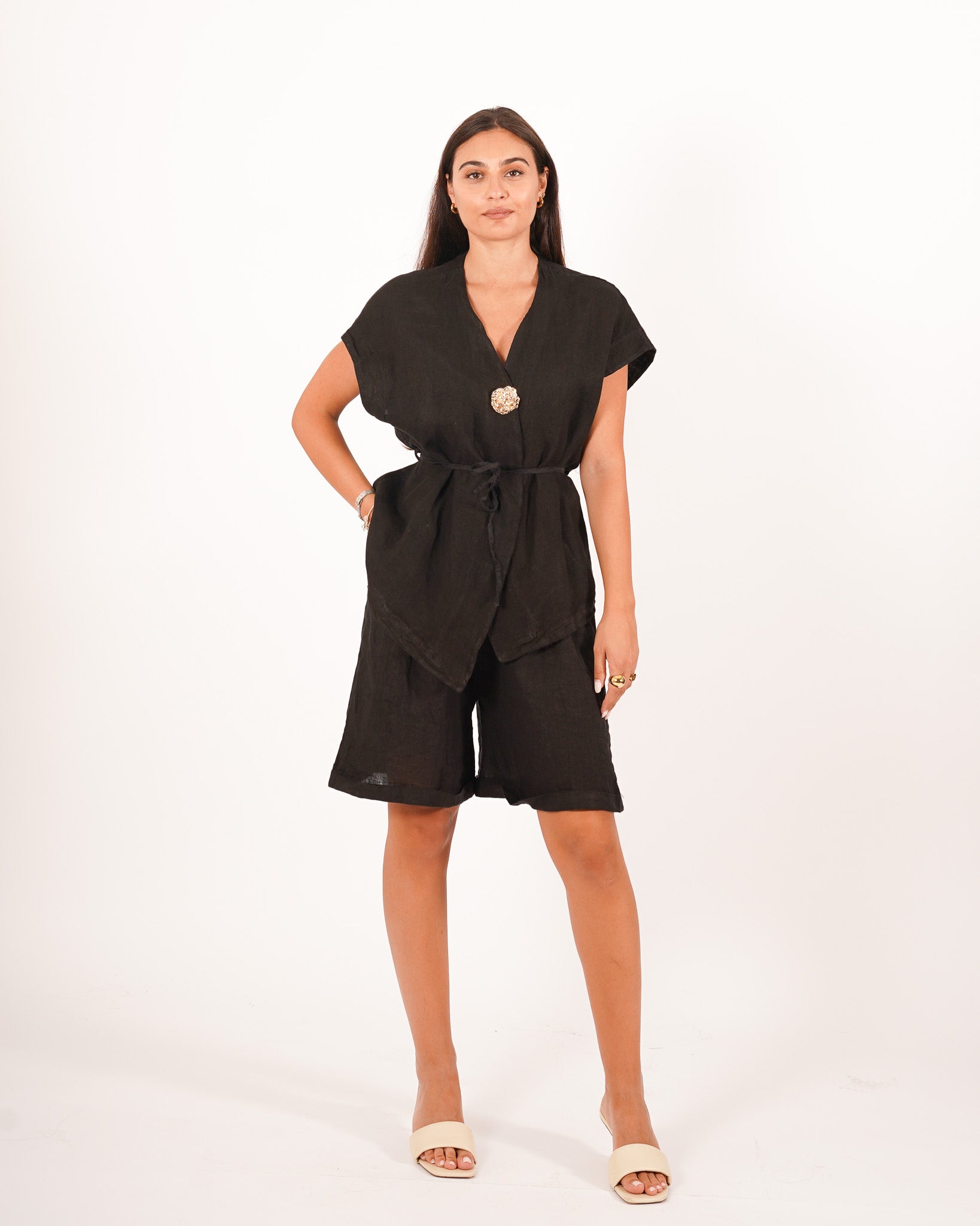 Gilet monopetto lungo con bottone oro e coulisse - Marilena