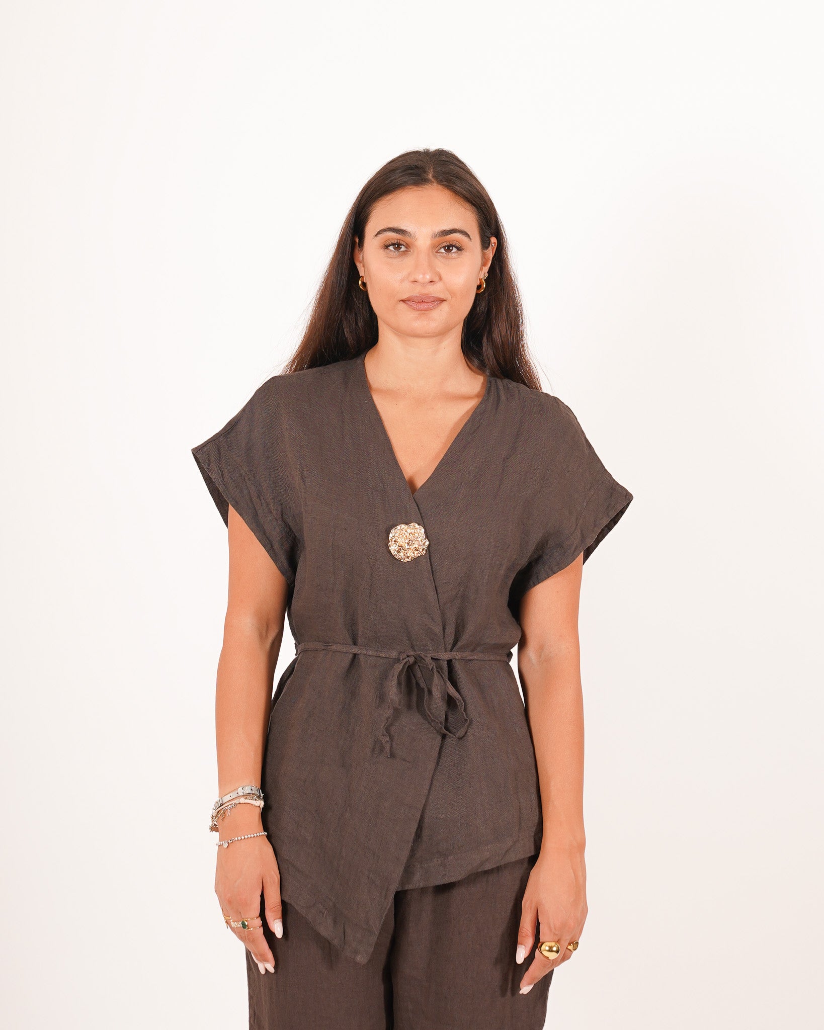 Gilet monopetto lungo con bottone oro e coulisse - Marilena